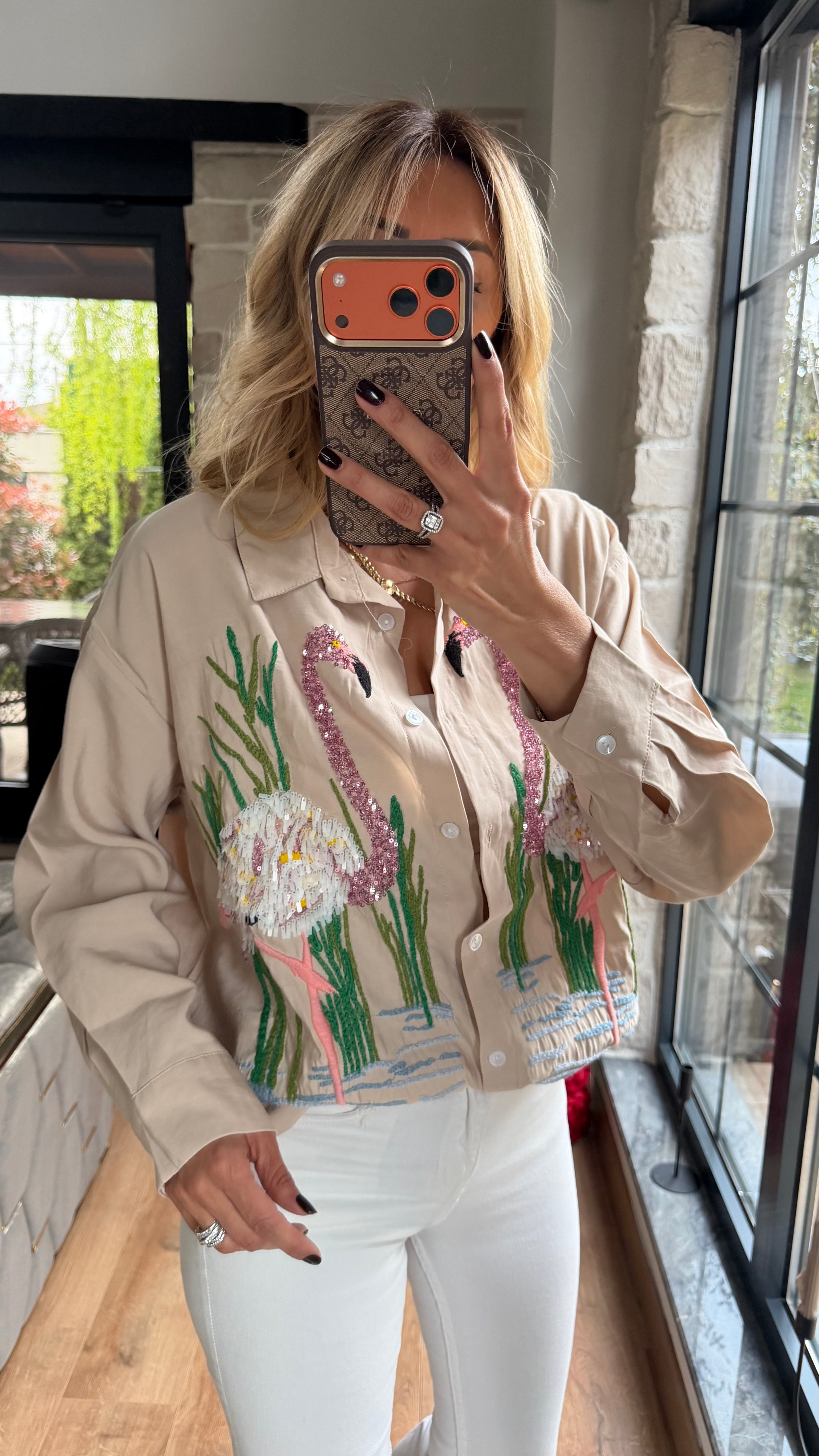 Flamingo Nakış Detaylı Tasarım Gömlek