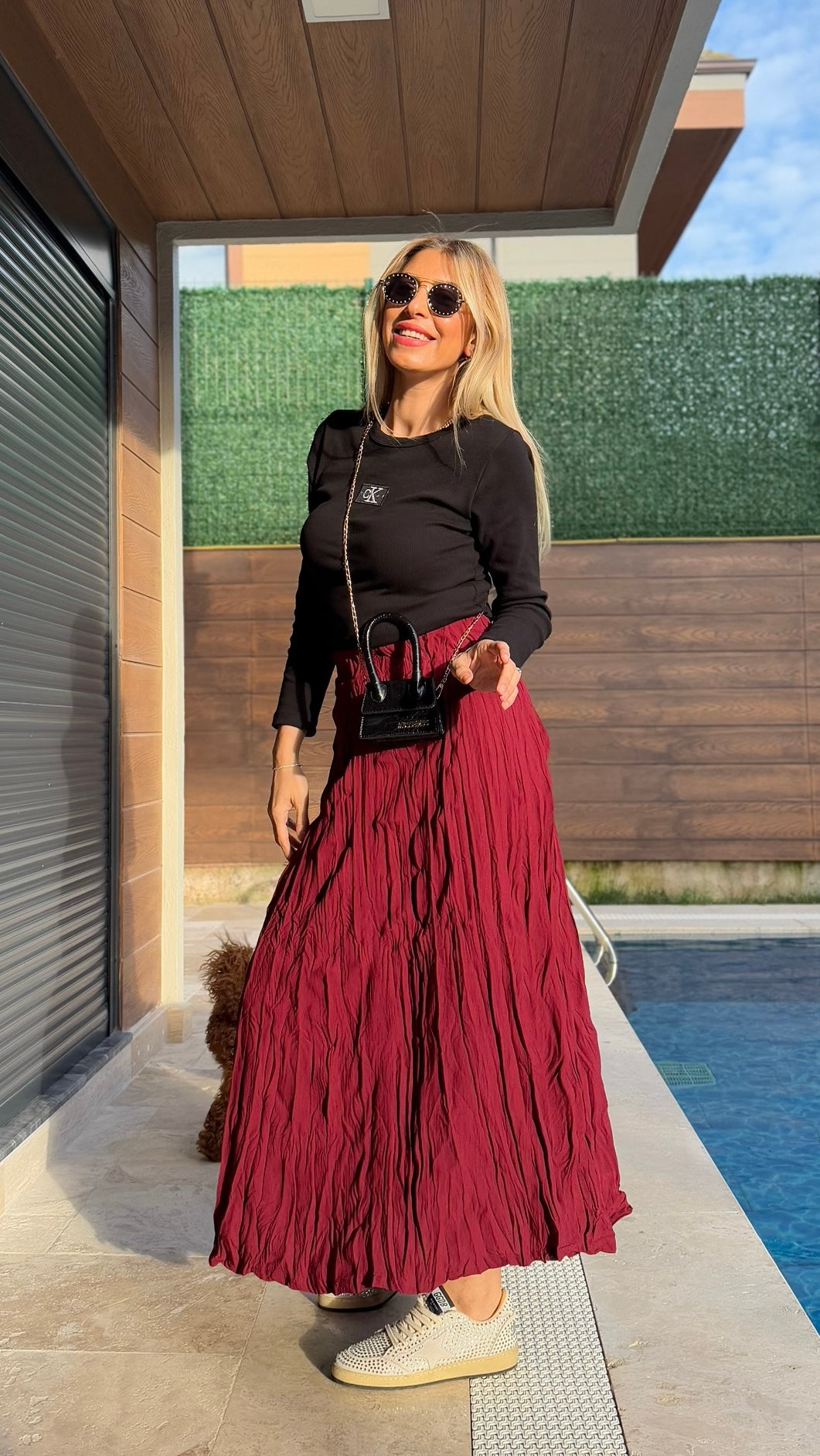 Crush Kırışık Etek Bordo