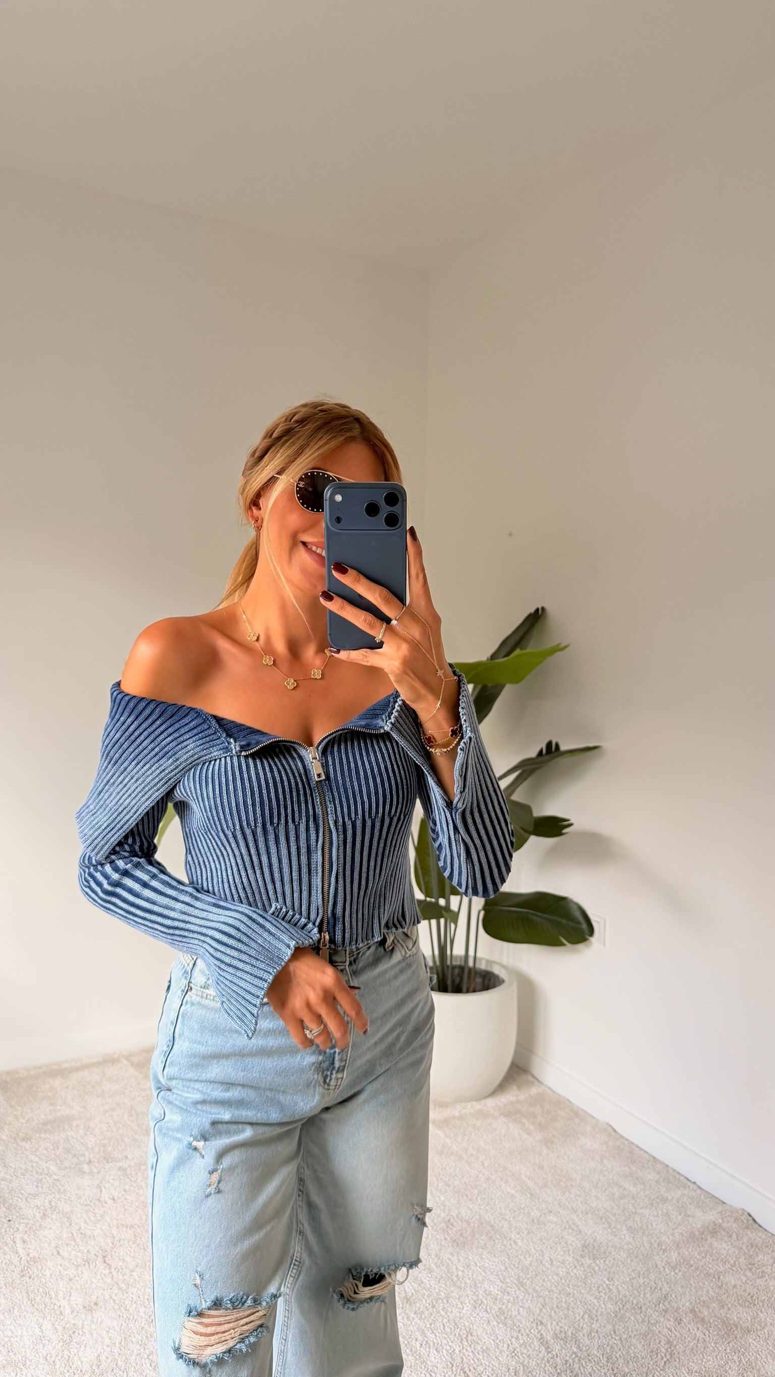 DİLVİN TRİKO Fermuar Detaylı Bluz Mavi