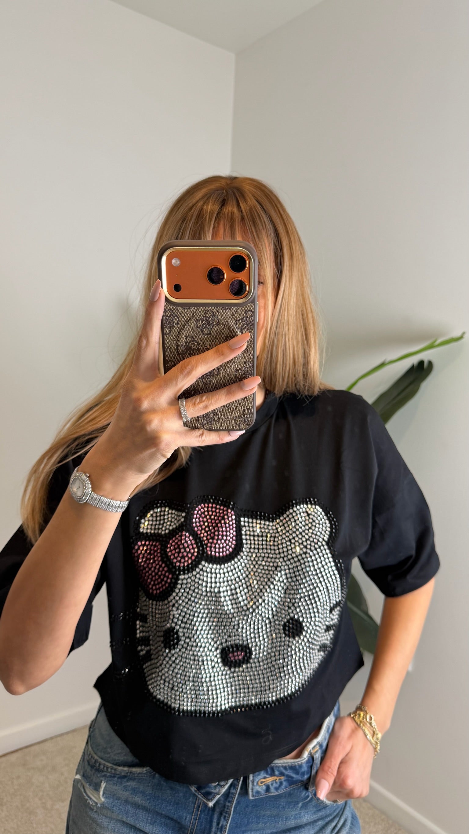 Hello Kitty Taş Detaylı Crop Tişört Siyah