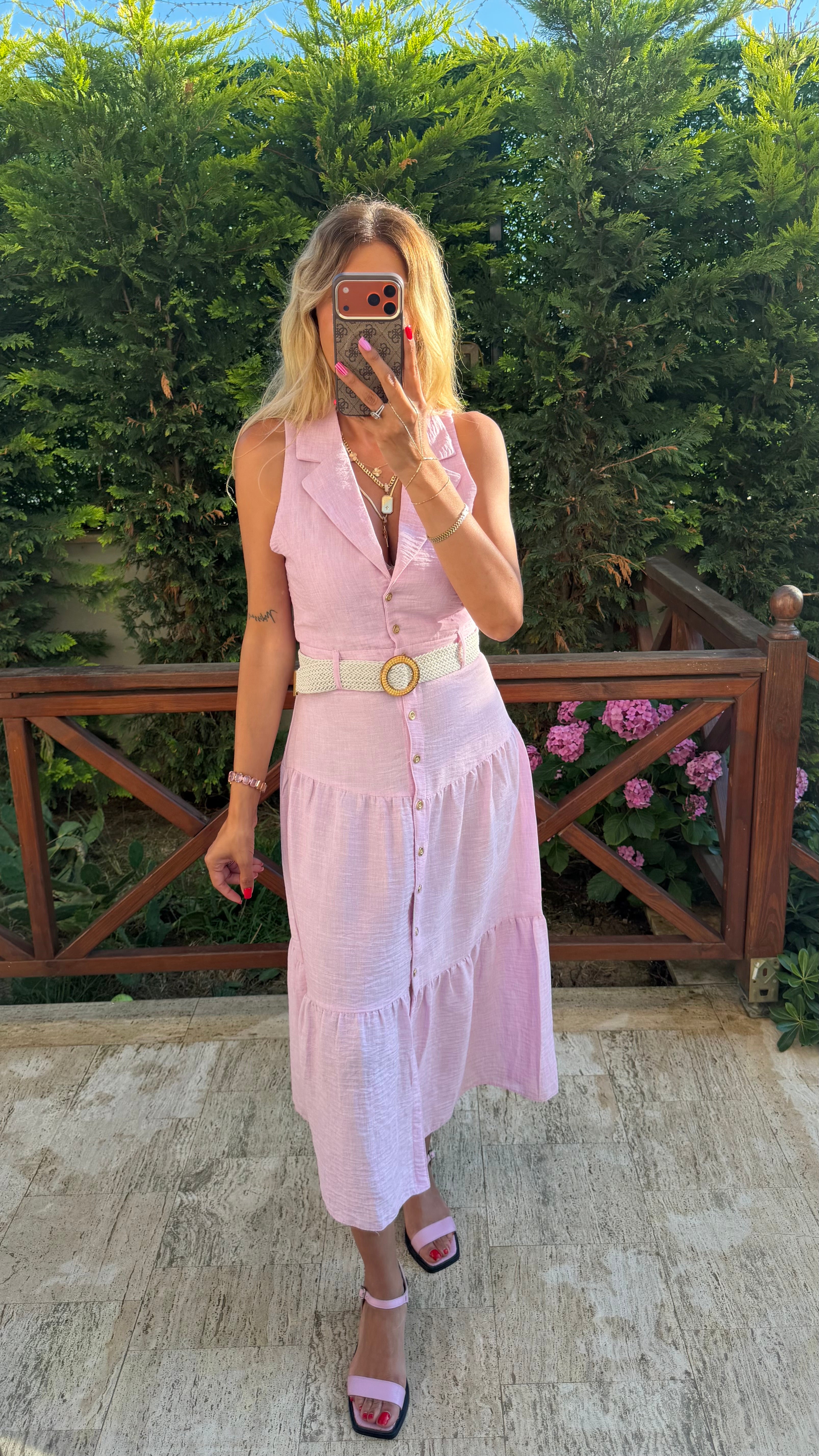Pembe Kemer Detaylı Keten Midi Elbise