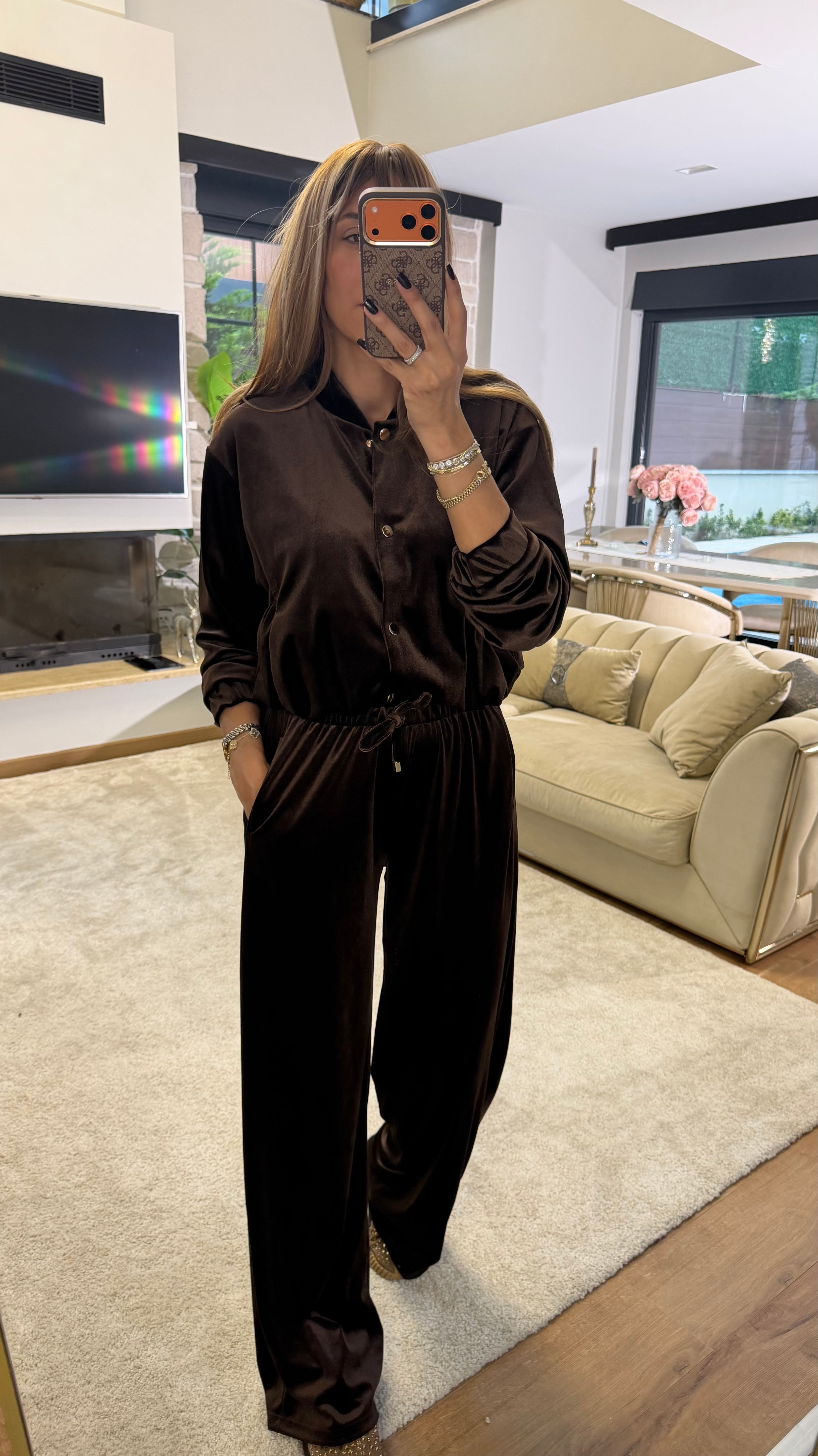 Kadife Çıt Çıt Detaylı Takım Acı Kahve