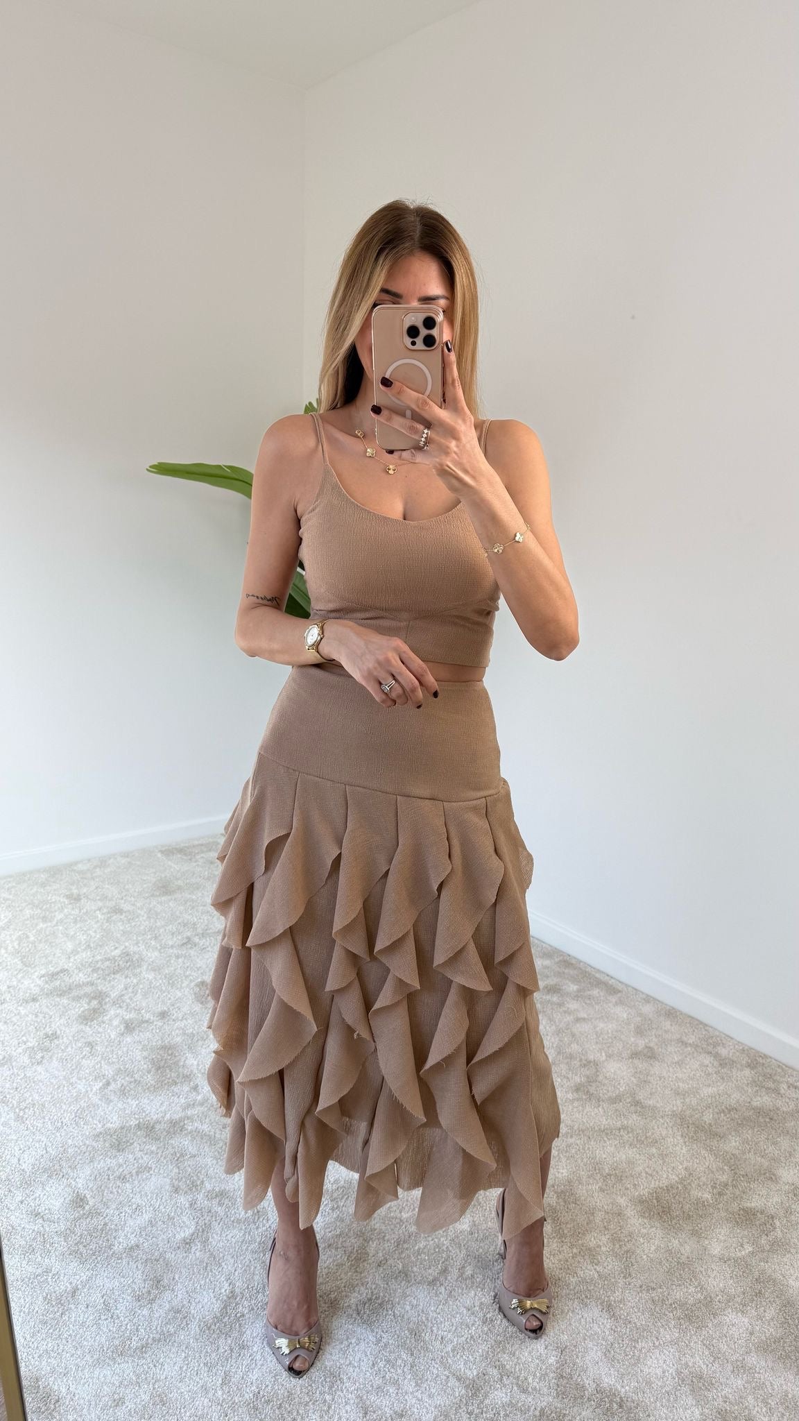 Laide Crop Bluz Fırfırlı Etek Takım
