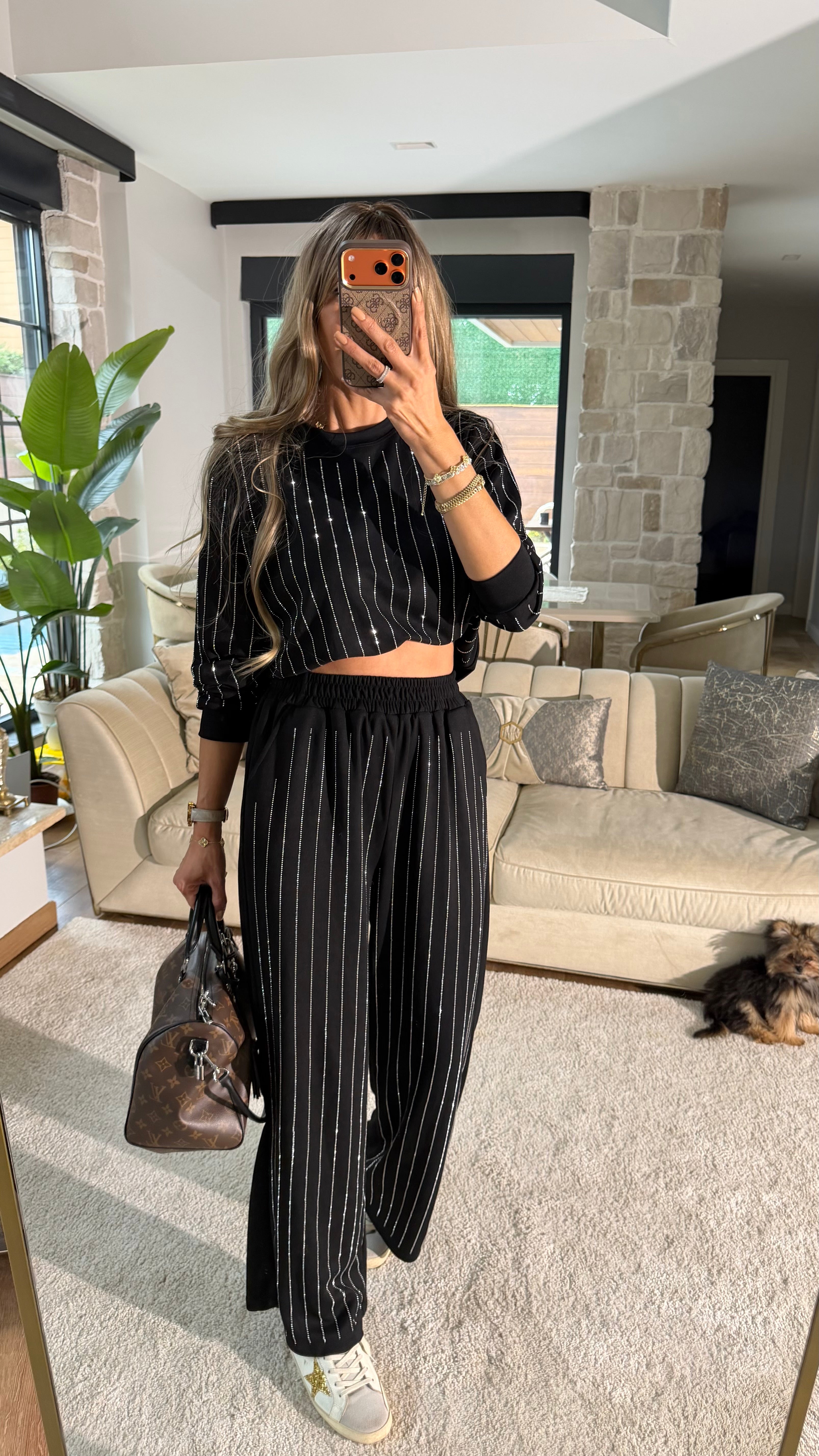 Şerit Taş Detaylı İkili Takım Siyah