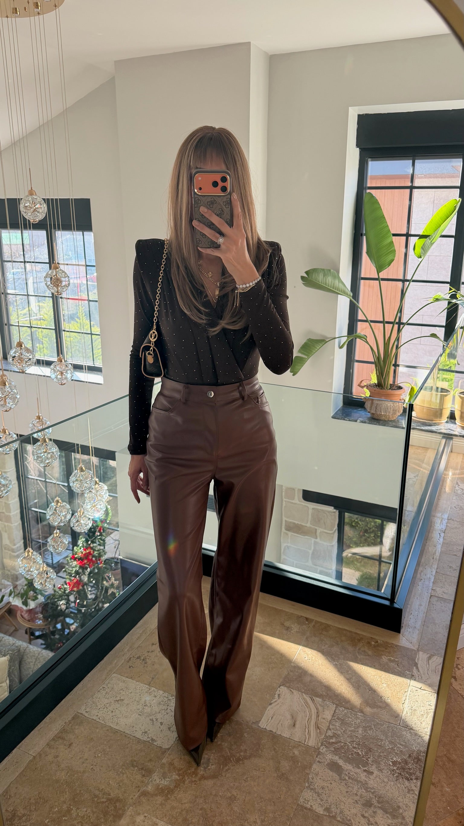 Kahverengi Suni Deri Pantolon