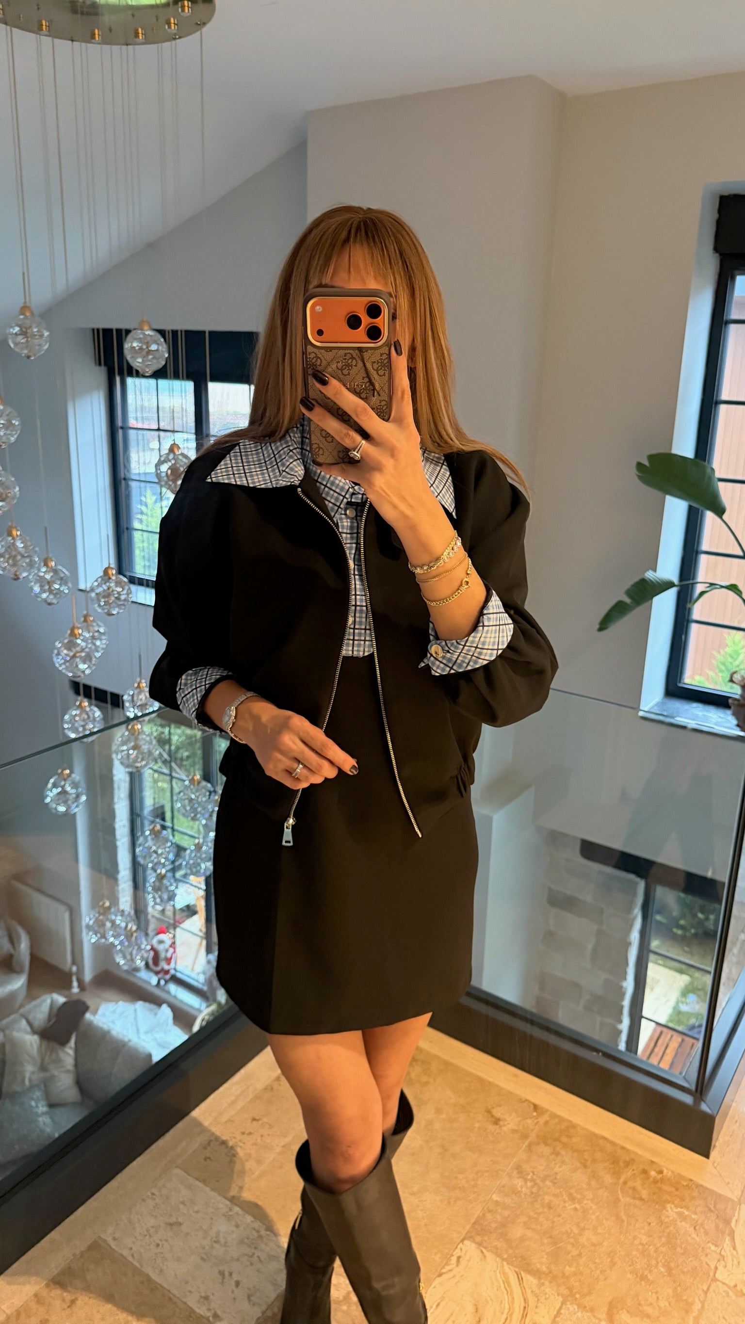 Ekose Yakalık Elbise Ceket Takımı Kahverengi