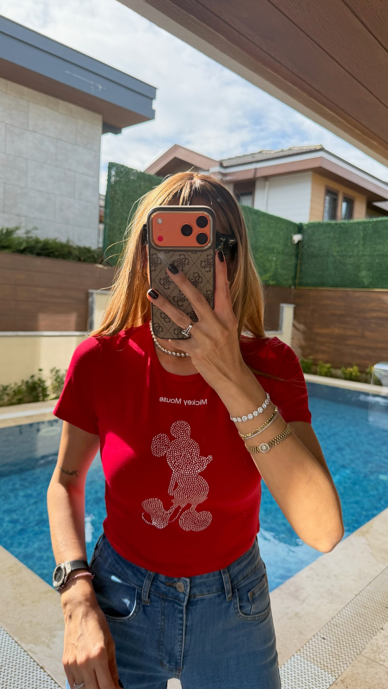 Taş Detaylı Mickey Mouse Crop Kırmızı