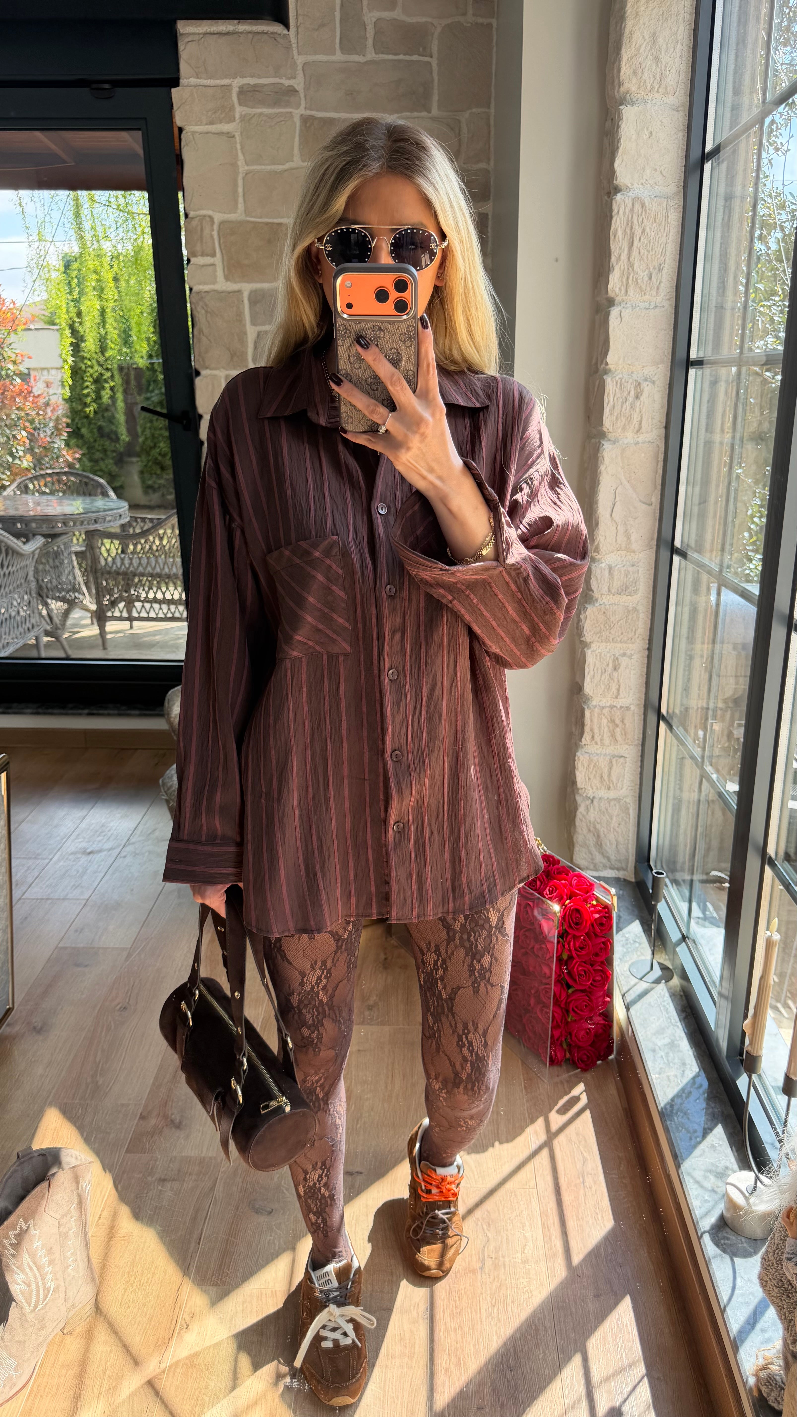 Çizgili Viscon Gömlek Acı Kahve