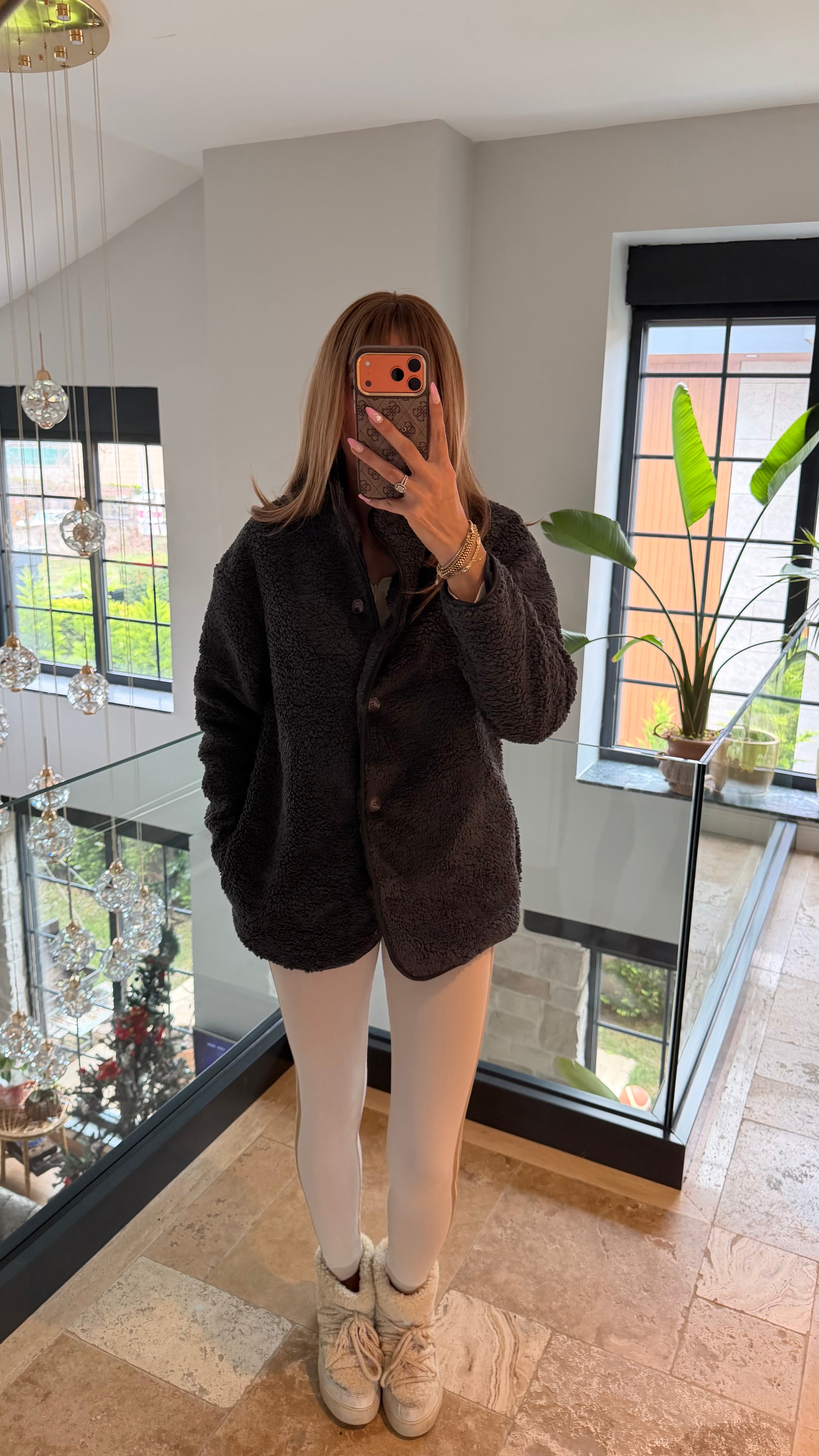 Düğmeli Deri Detaylı Peluş Oversize Ceket Antrasit