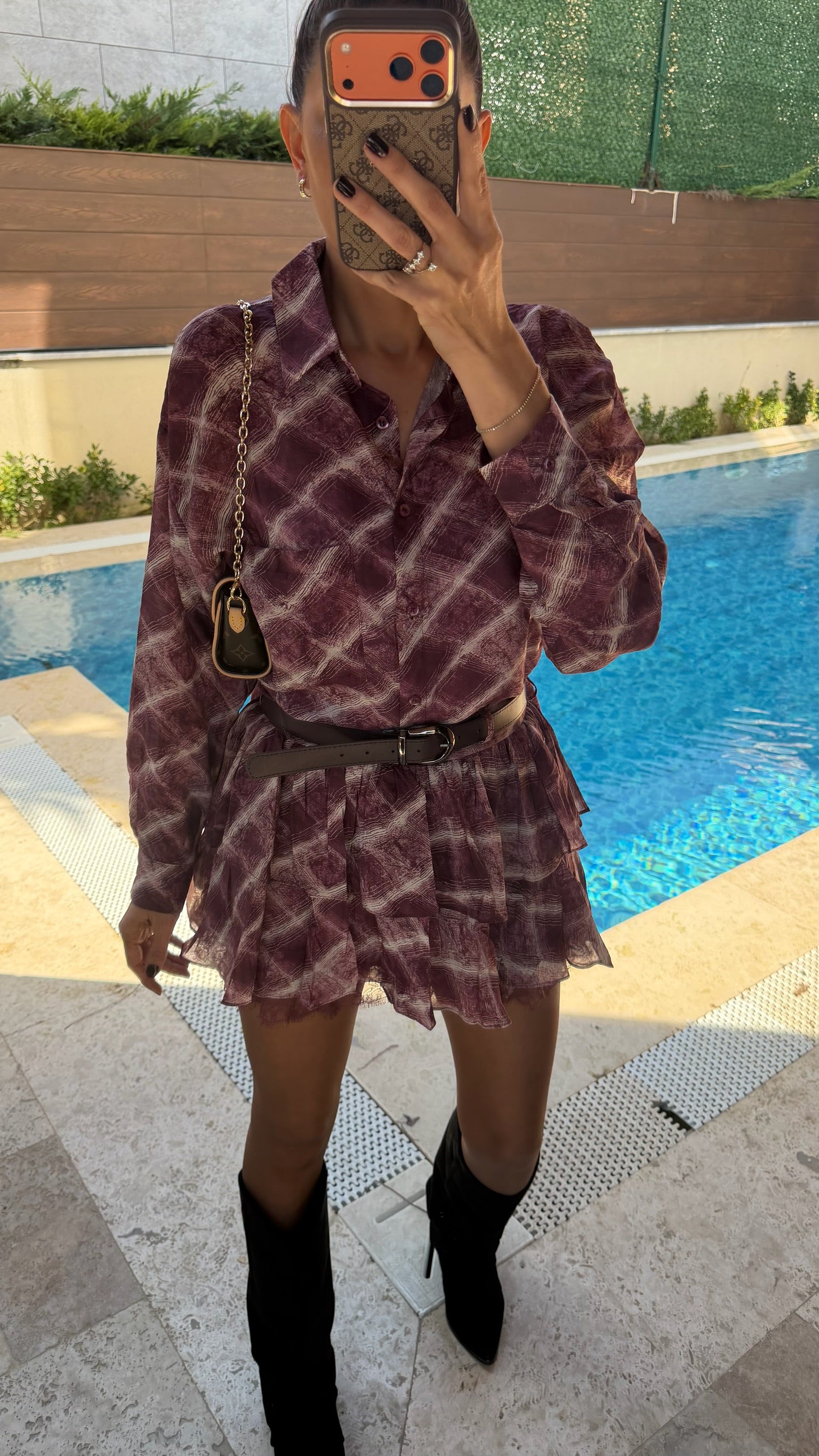 Ekose Desenli Kemerli Gömlek Etek Takım Bordo