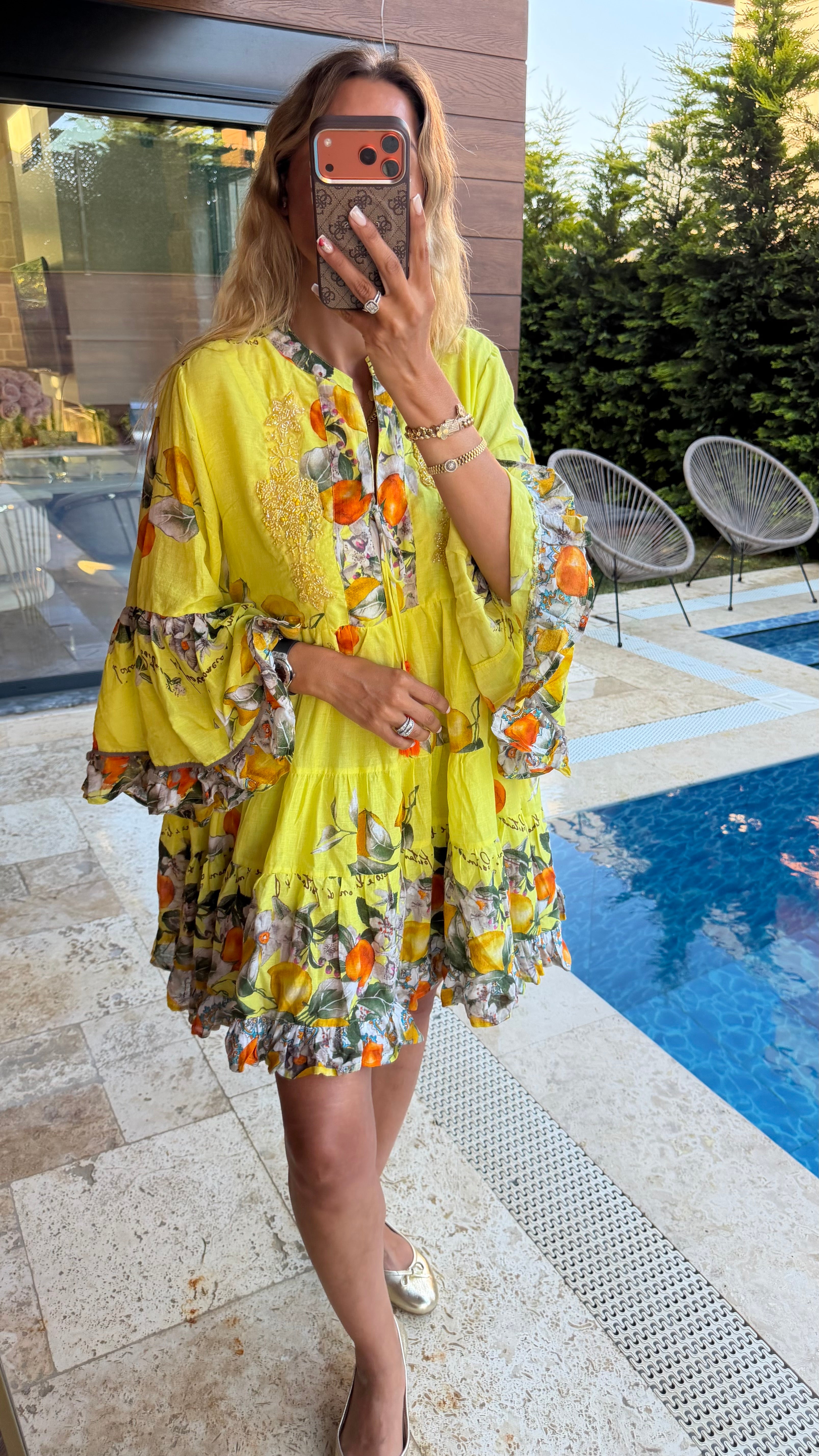 Sun Yellow Kolları ve Eteği Kloş Elbise