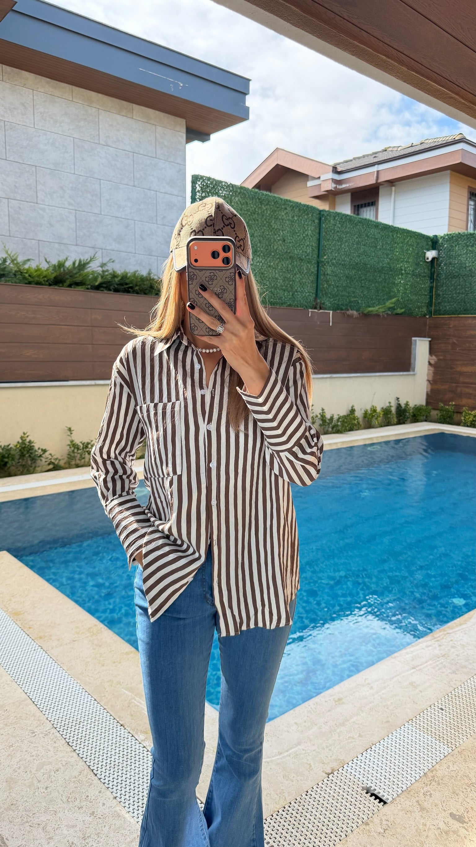 Kalın Çizgili Uzun Kol Gömlek Kahverengi