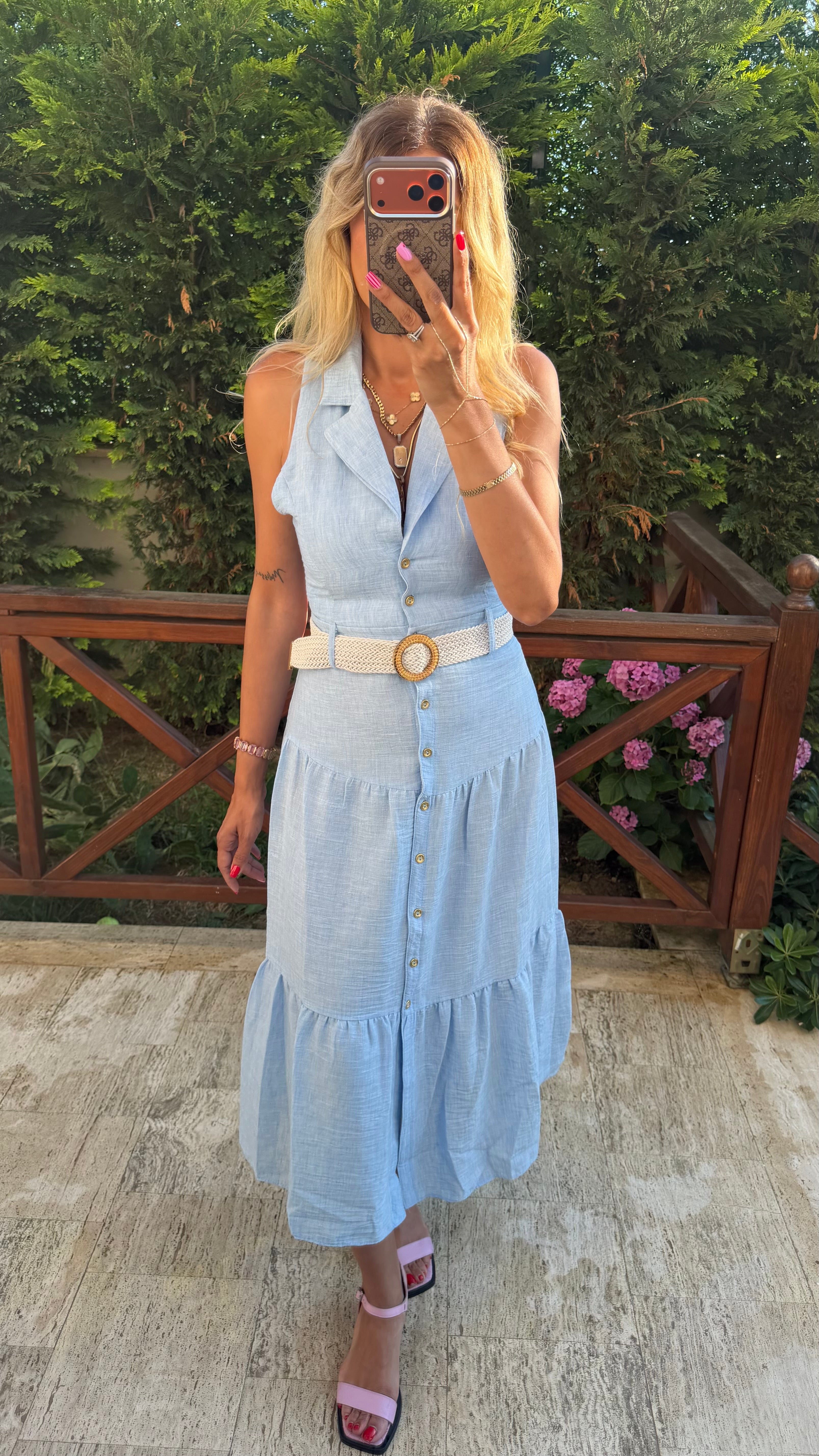 Mavi Kemer Detaylı Keten Midi Elbise