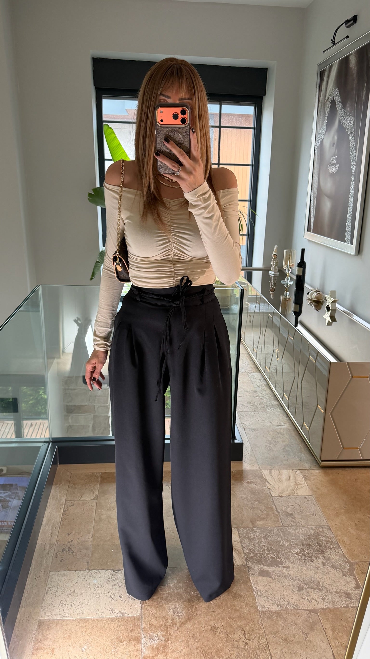 Çift Bağcıklı Kemerli Palazzo Pantolon Siyah