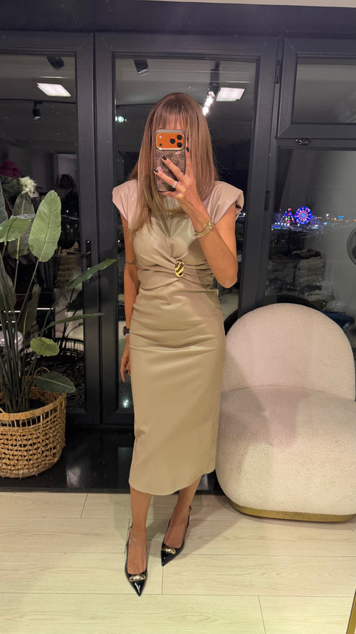 Bej Toka Detaylı Premium Elbise
