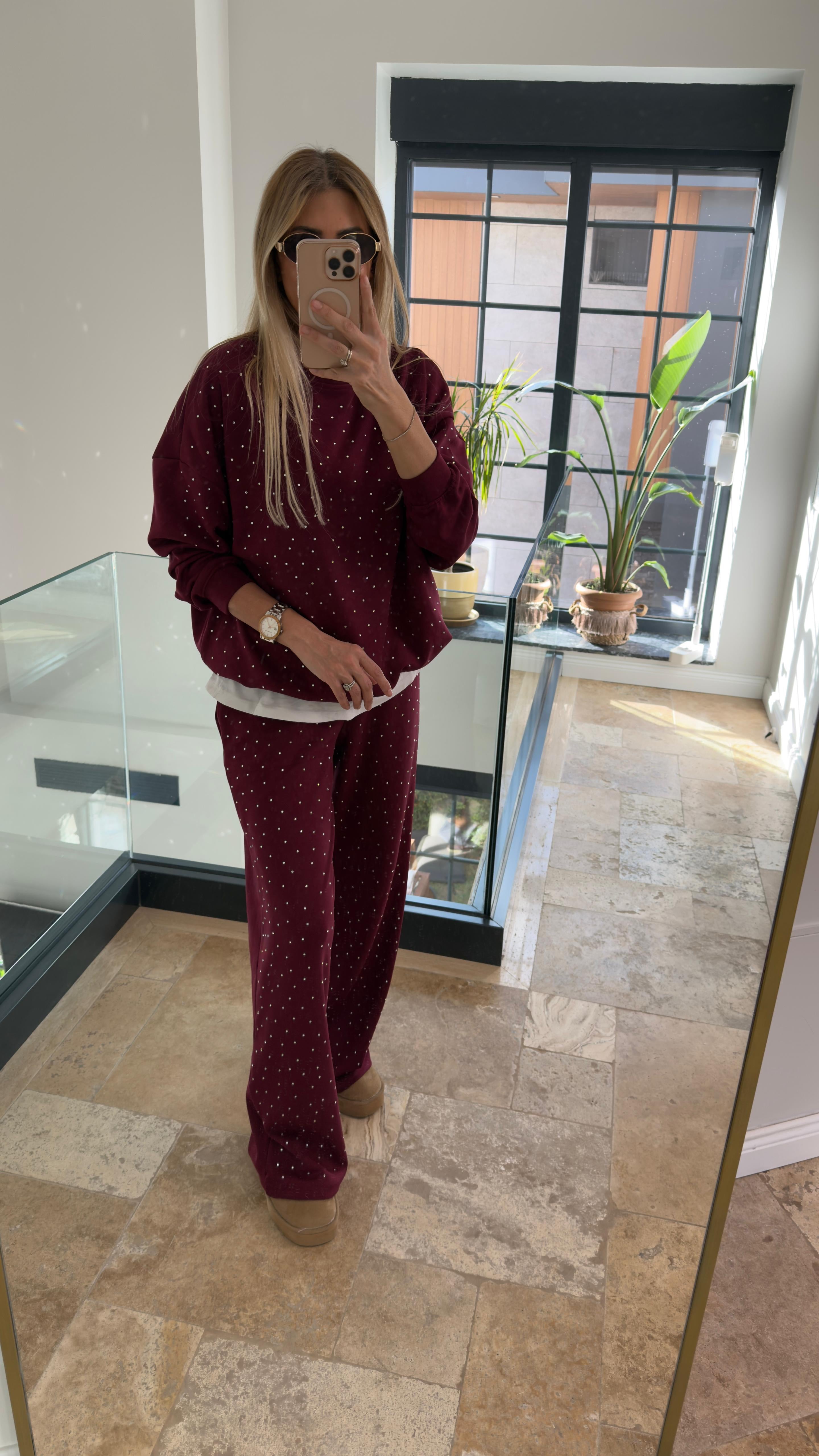 Oysh Taş Detaylı Takım Bordo