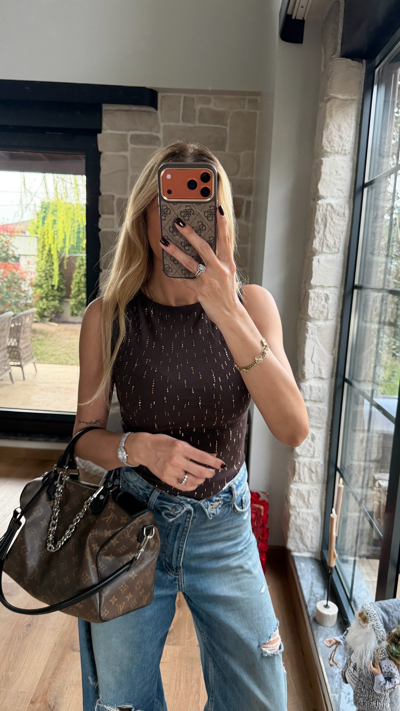 Akıtma Taş Detaylı Atlet Acı Kahve