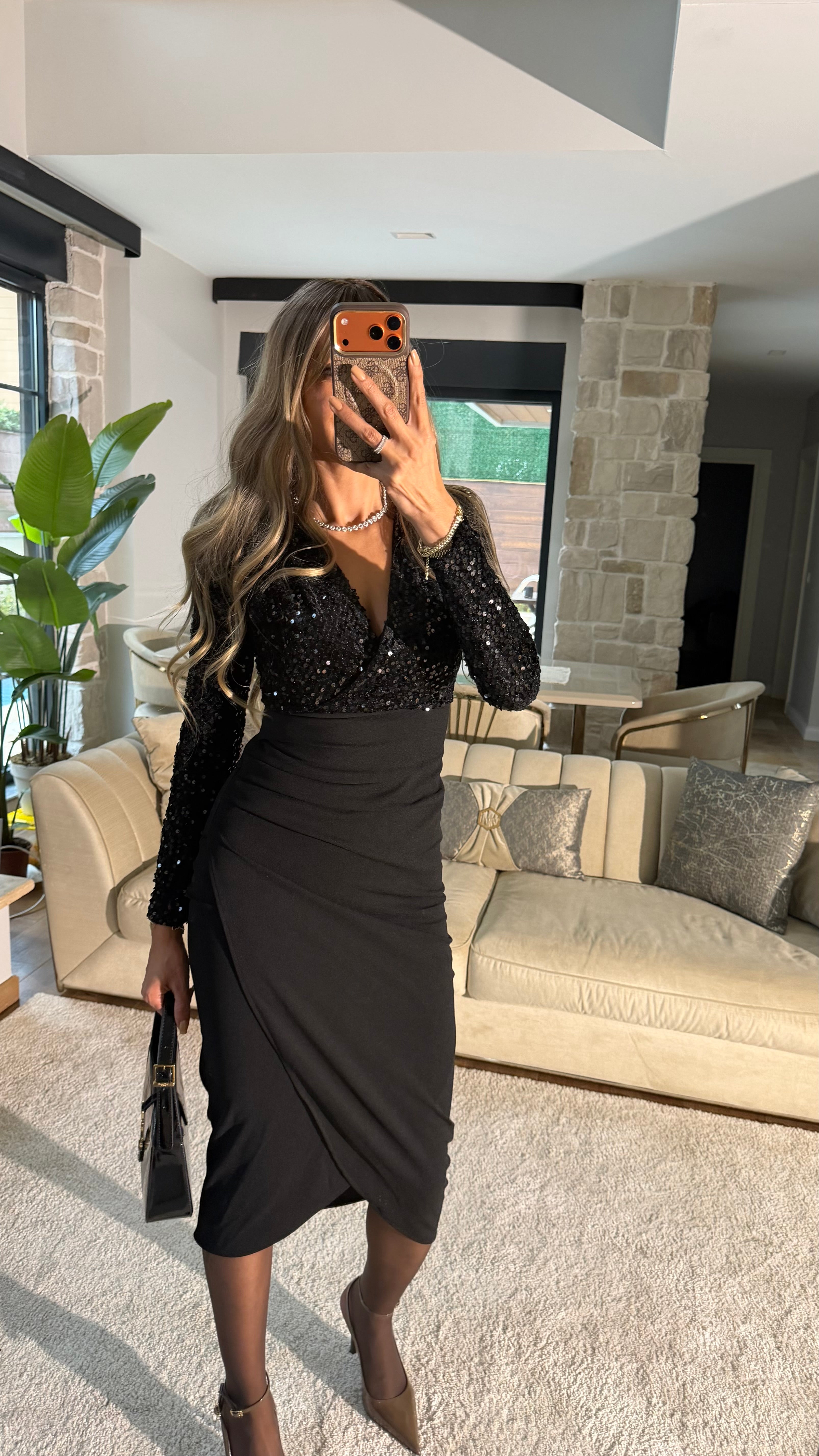 Drapeli Gece Elbisesi Siyah