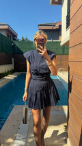 Vatkalı Pileli Kemerli Mini Elbise Lacivert