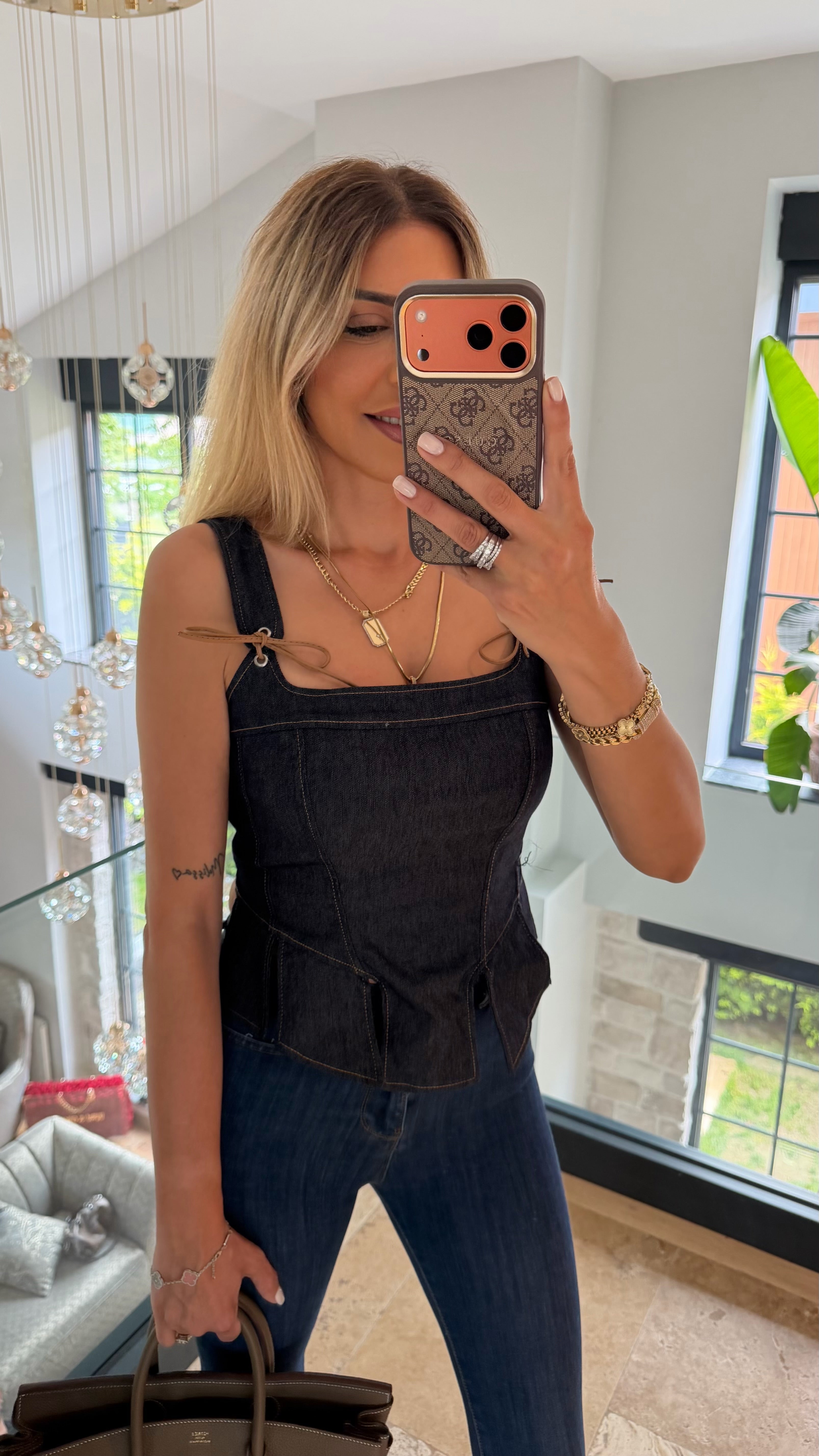 Lacivert Deri Bağlamalı Denim Bluz