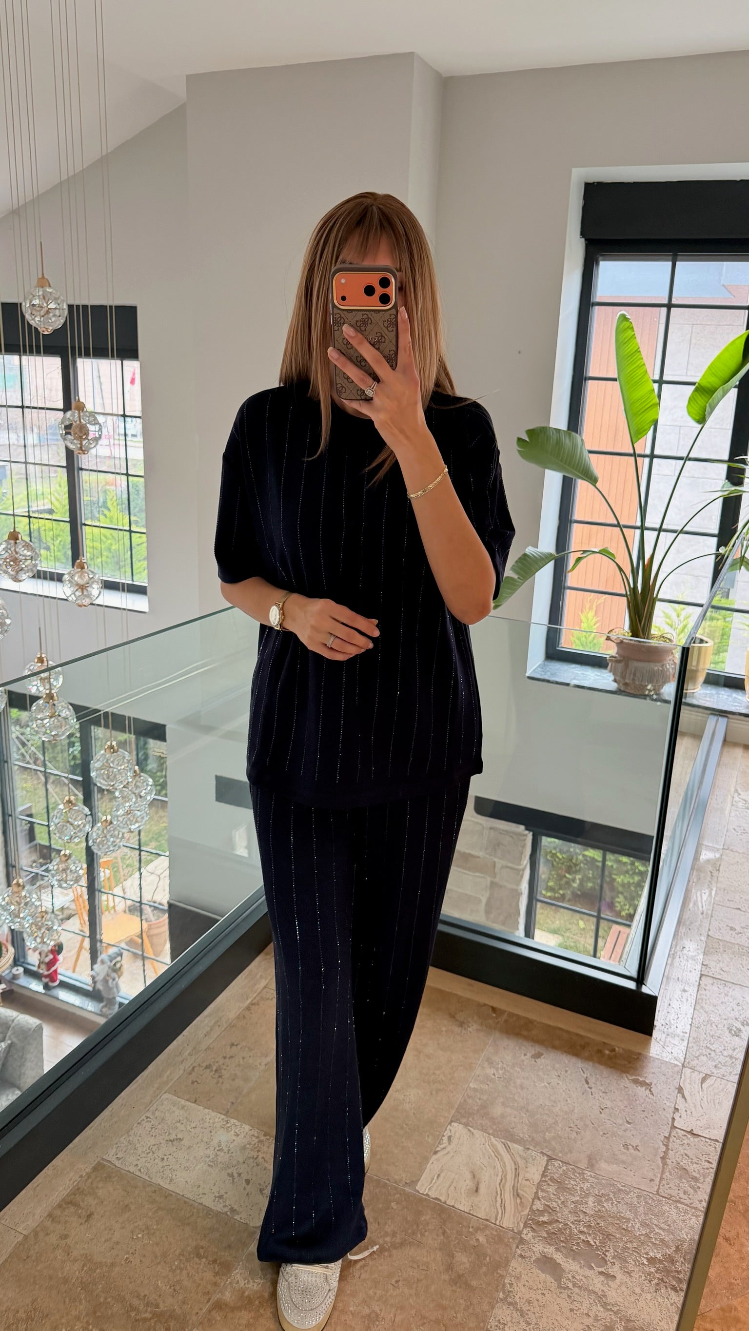 Şerit Taş Detaylı İkili Tişört Takım Lacivert