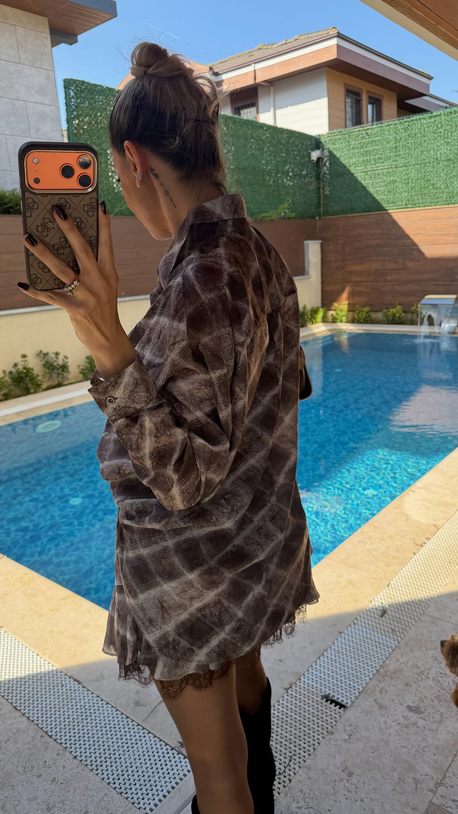 Ekose Desenli Kemerli Gömlek Etek Takım Kahve