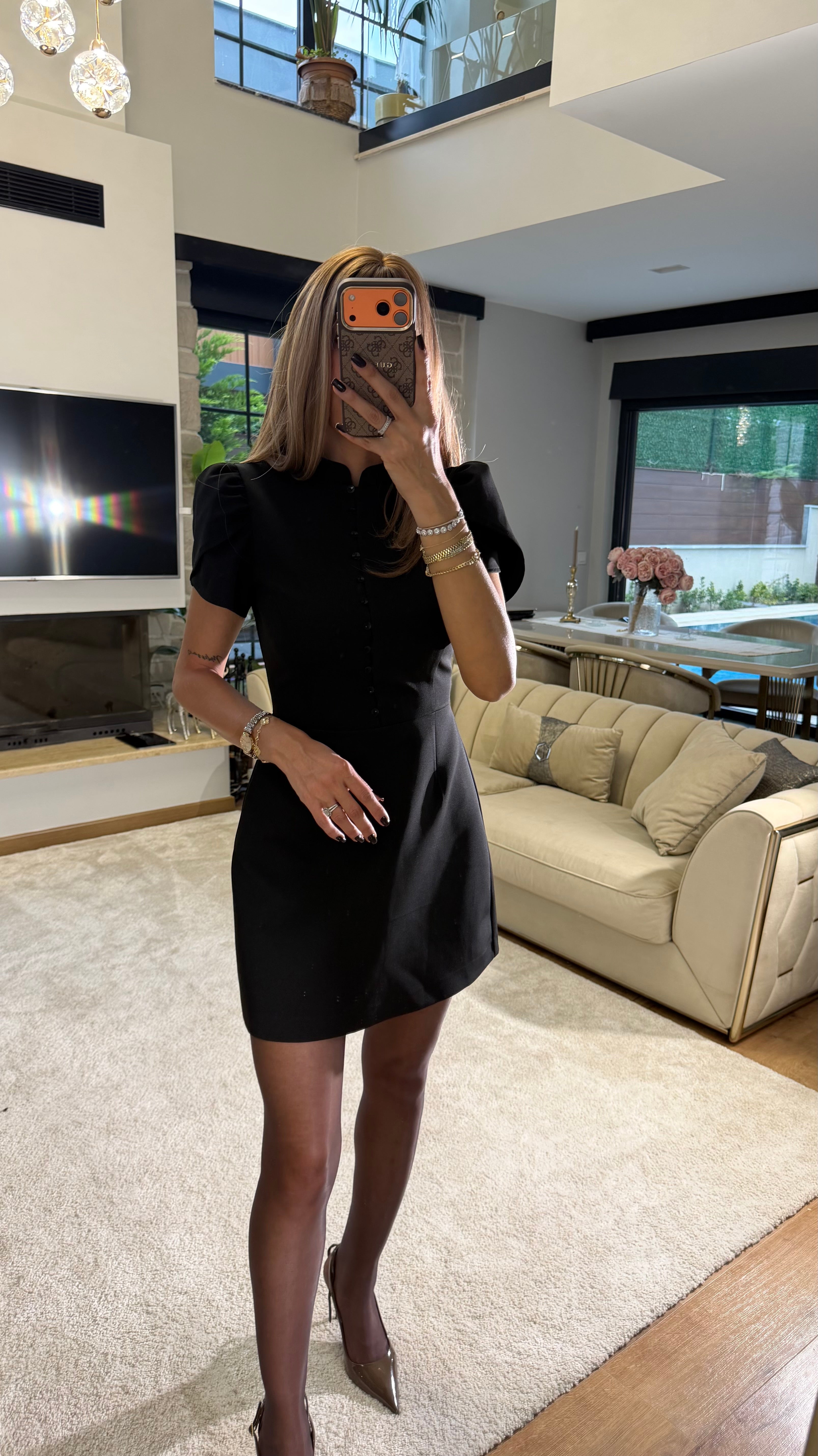 Brit Düğme Detaylı Mini Elbise - Siyah