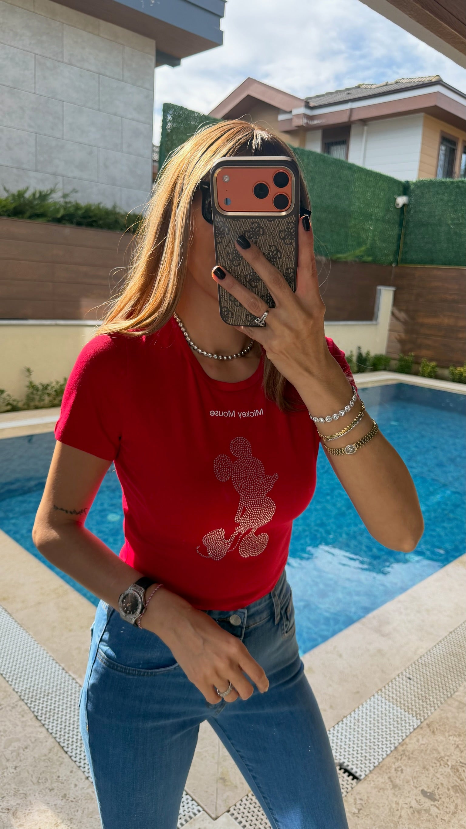 Taş Detaylı Mickey Mouse Crop Kırmızı