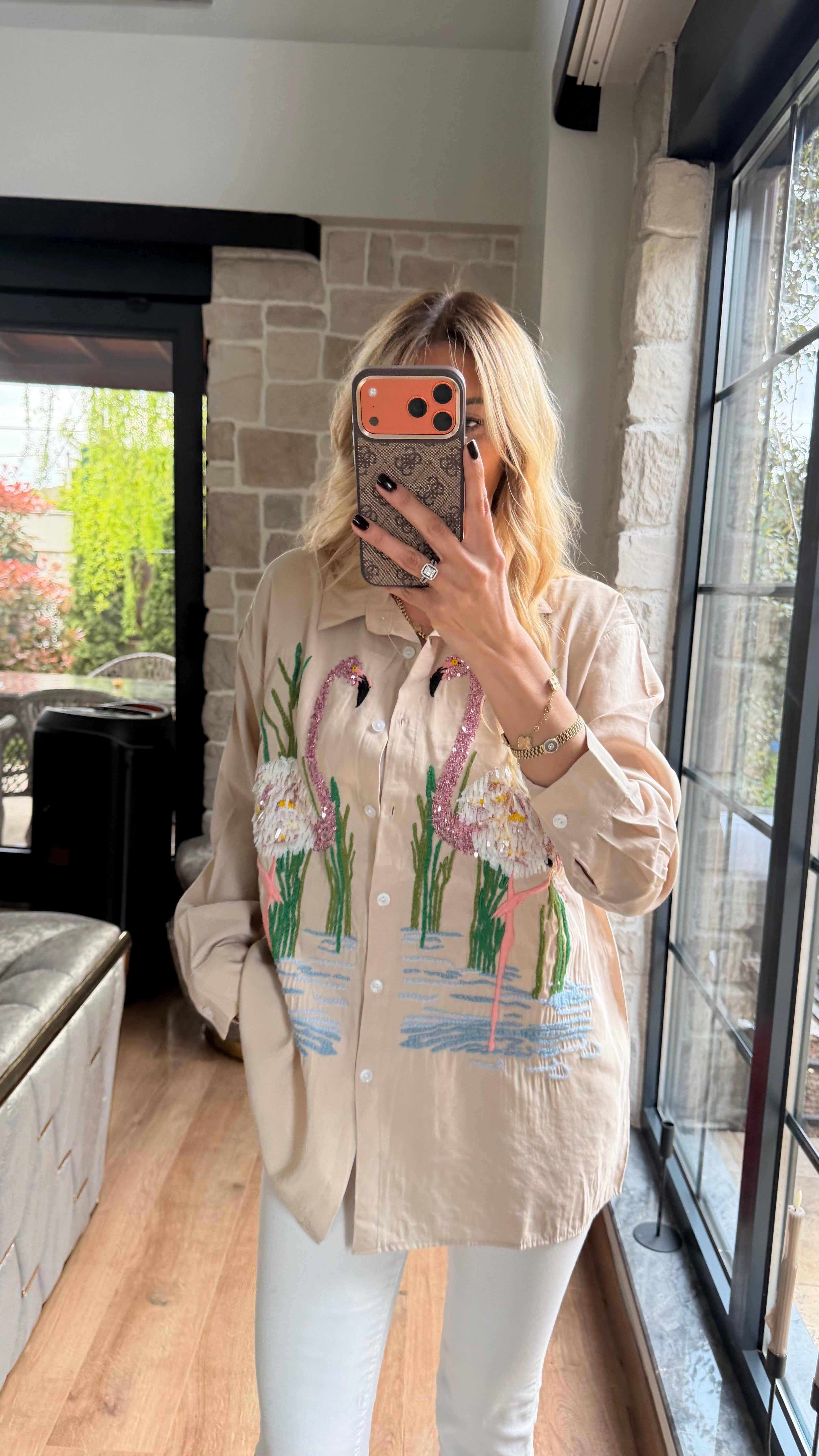 Flamingo Nakış Detaylı Tasarım Gömlek