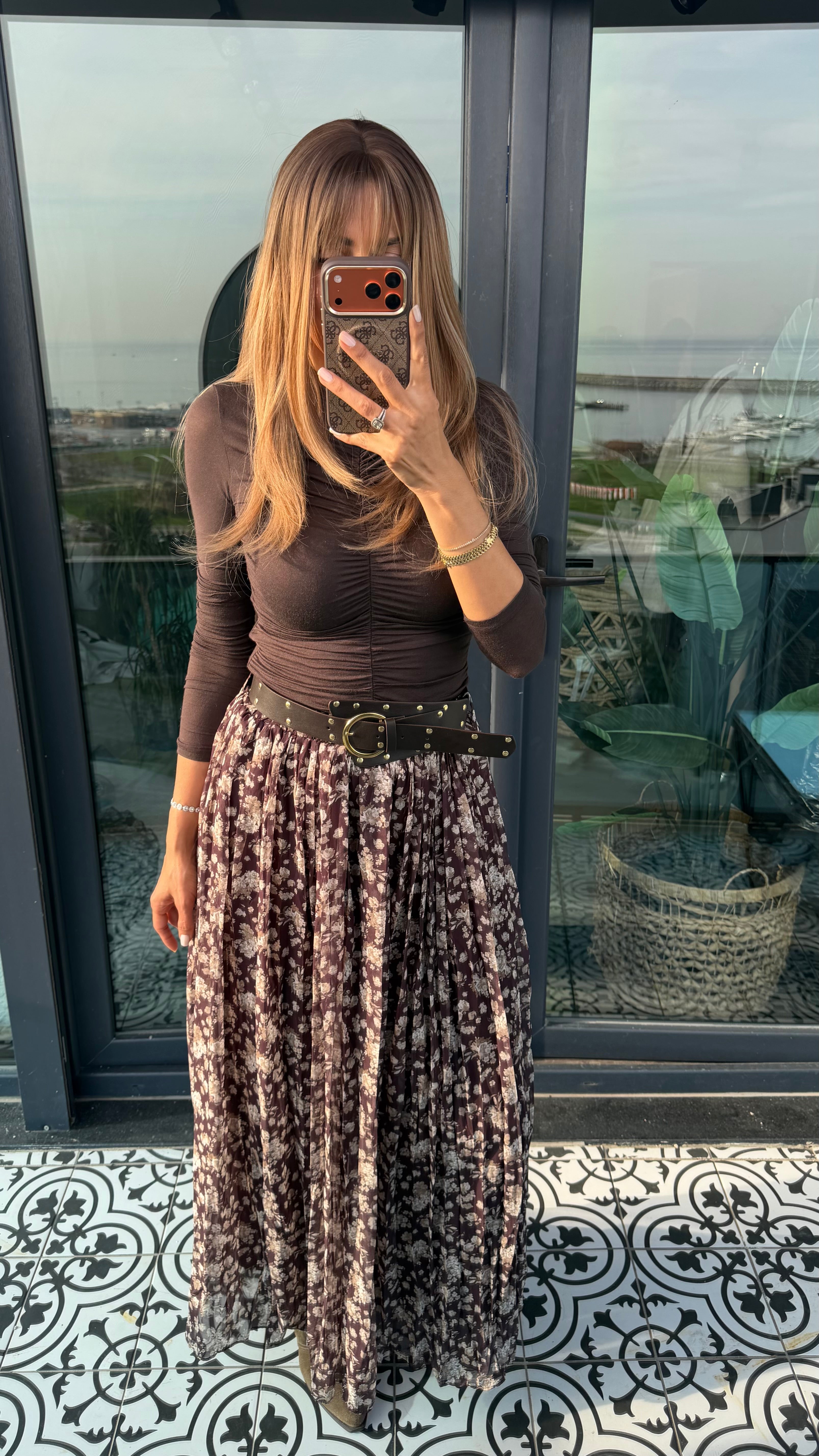 Kemerli Çıtır Desen  Kahve Uzun Etek