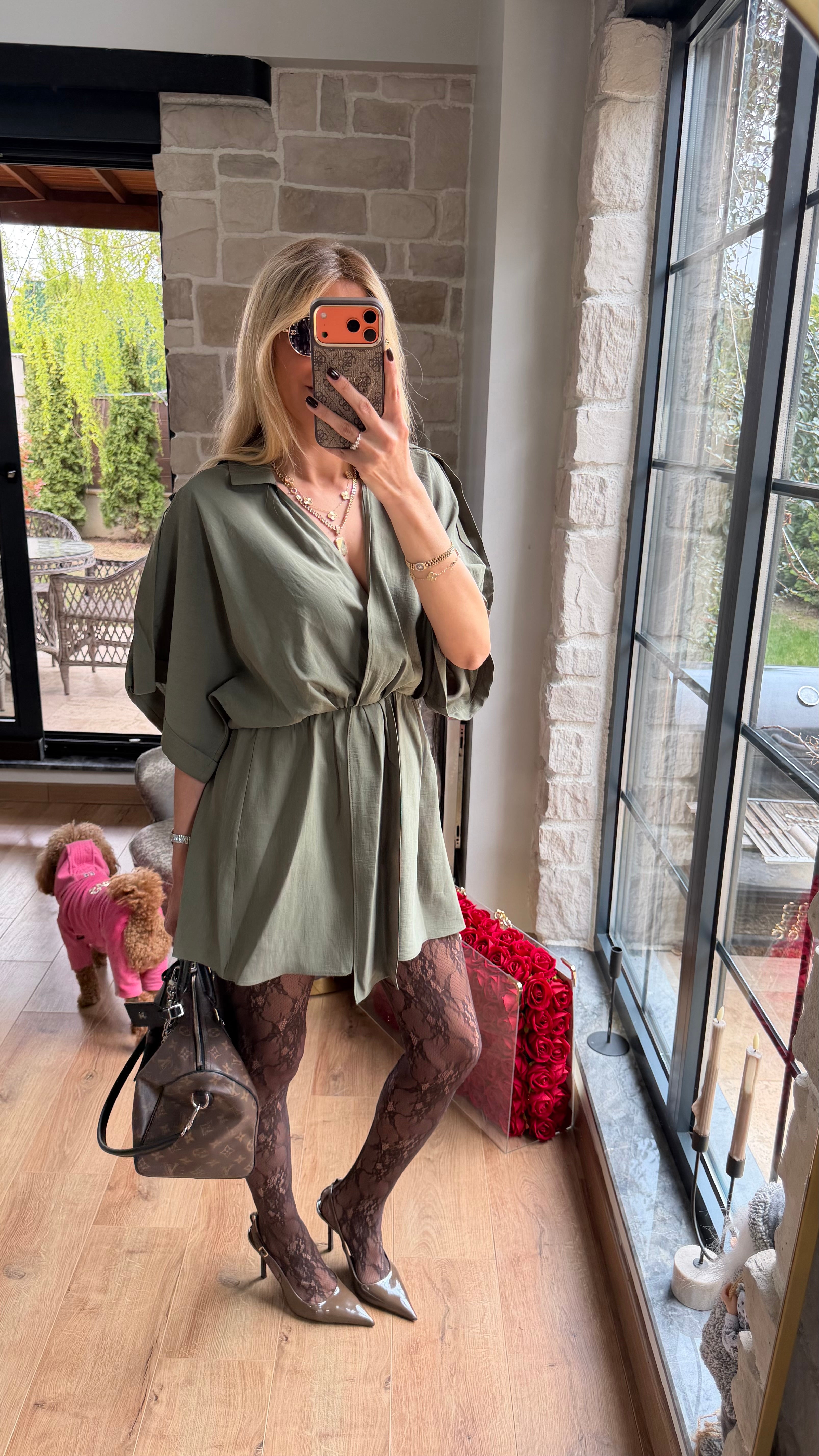 Modal V Yaka Belden Büzgülü Salaş Kesim Mini Elbise Haki