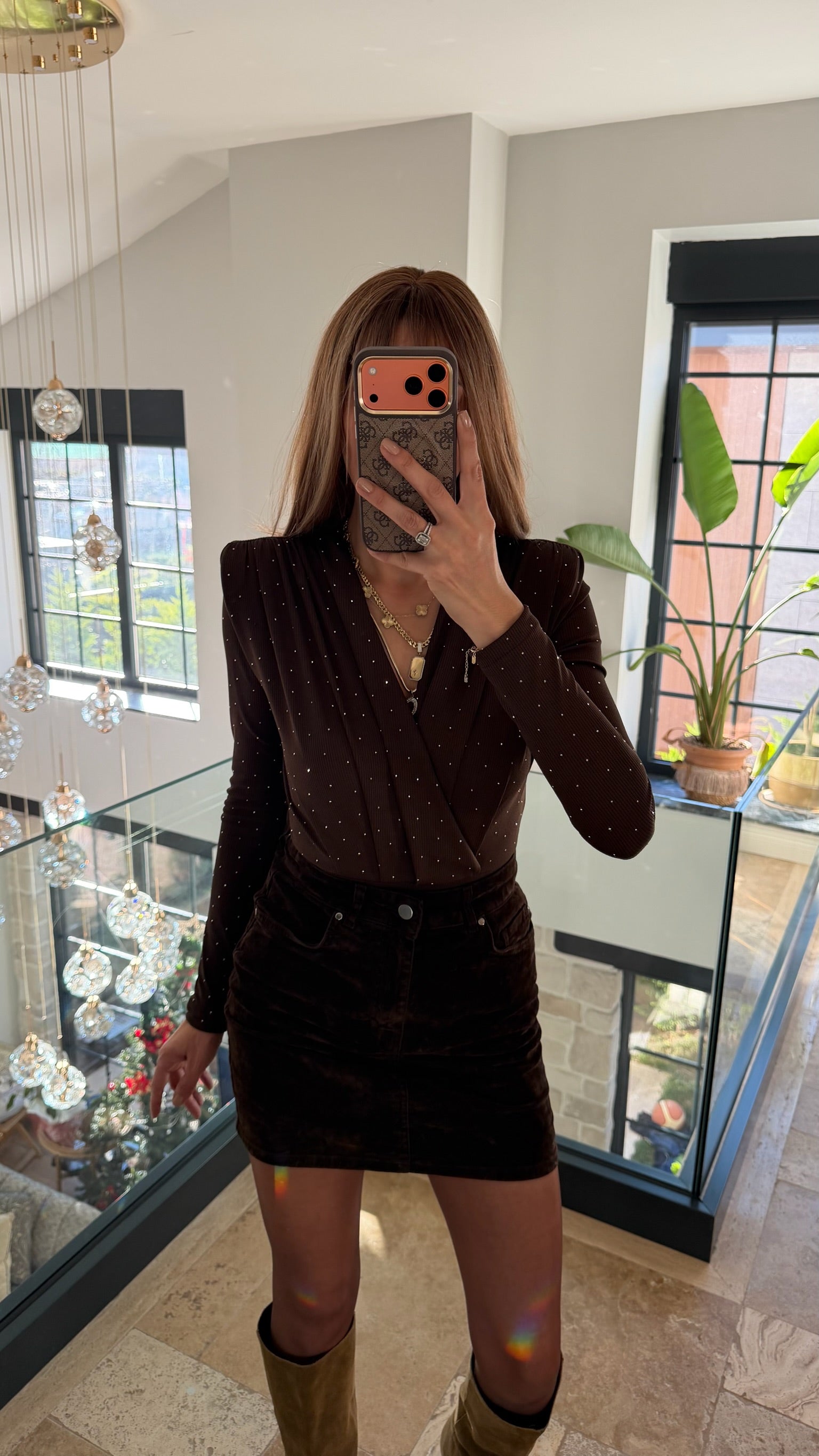 Acı Kahve V Yaka Taşlı Vatkalı Drapeli Bodysuit