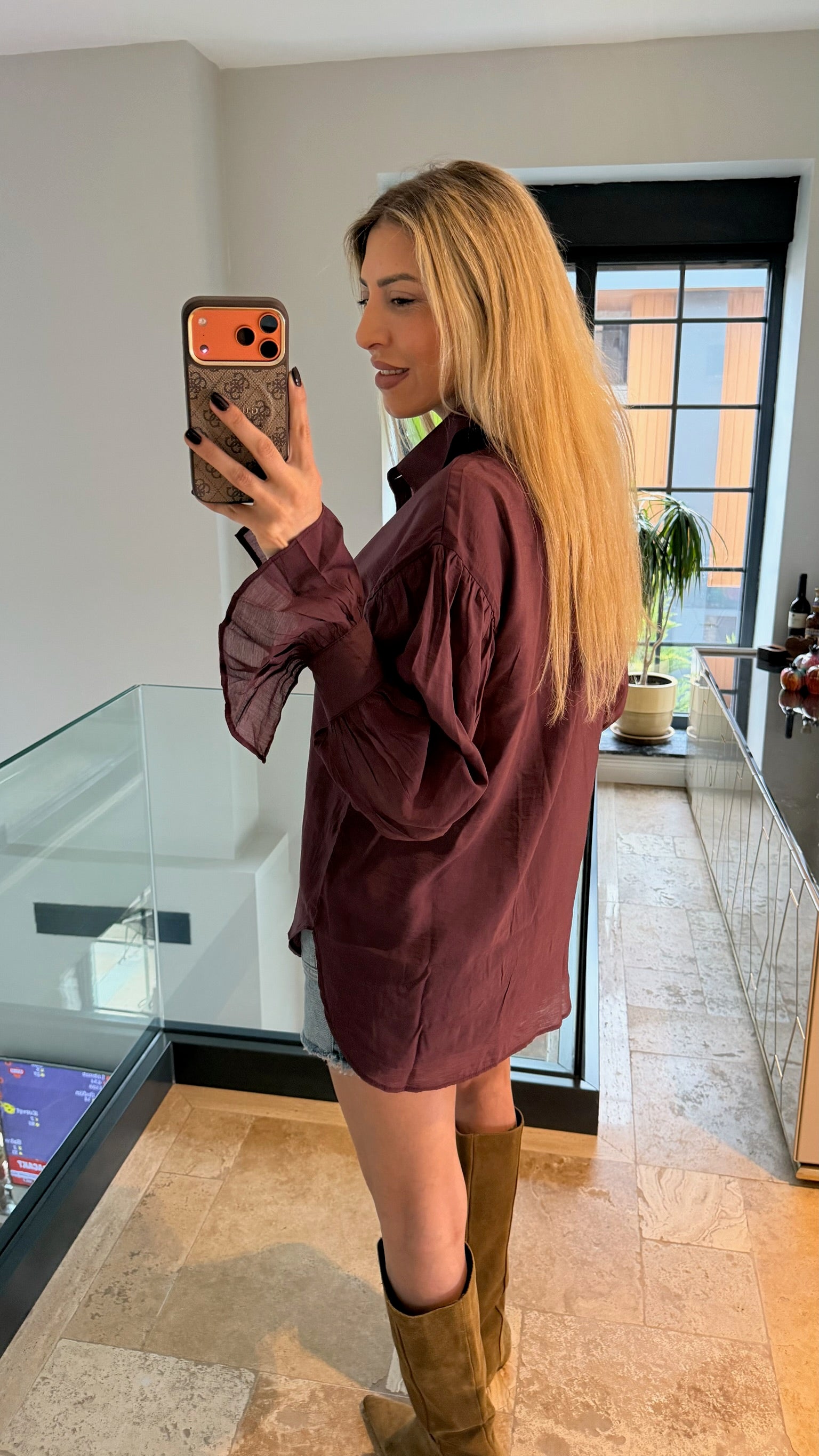 Kol Büzgülü Gömlek Mürdüm Bordo