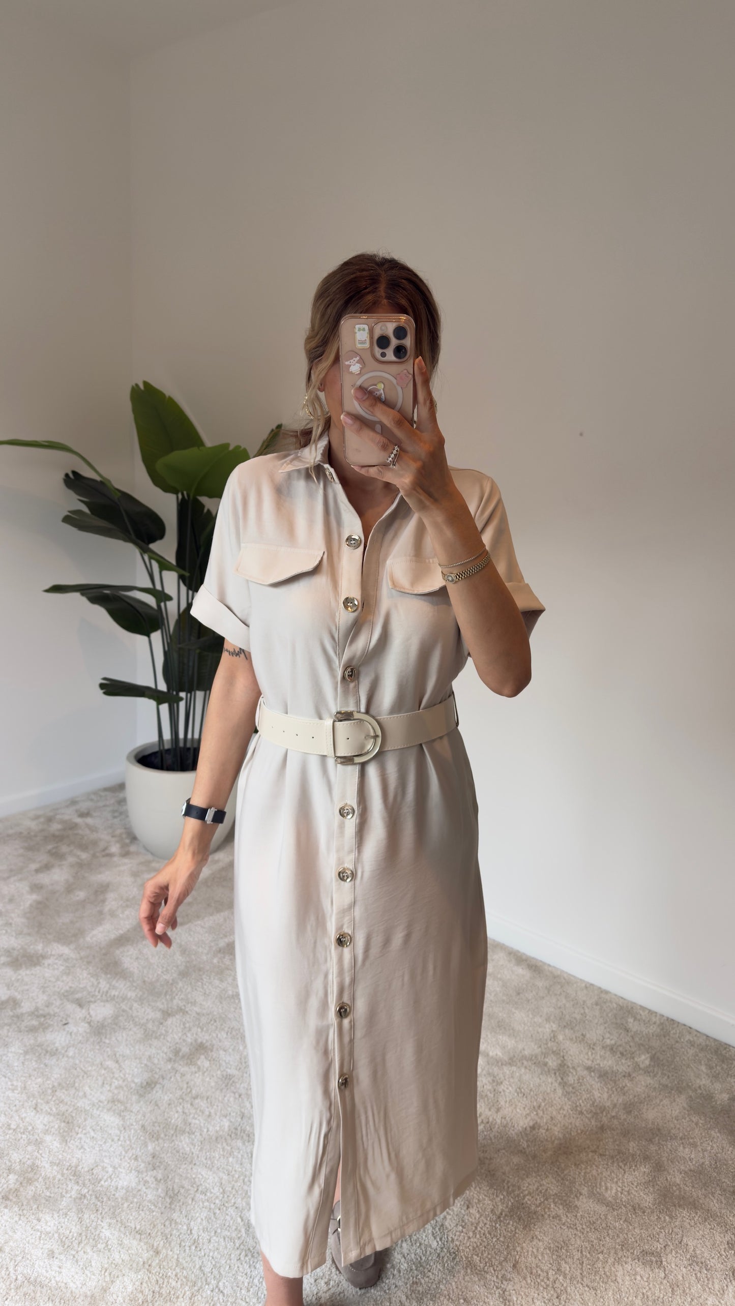 Tencel Kemerli Elbise Krem