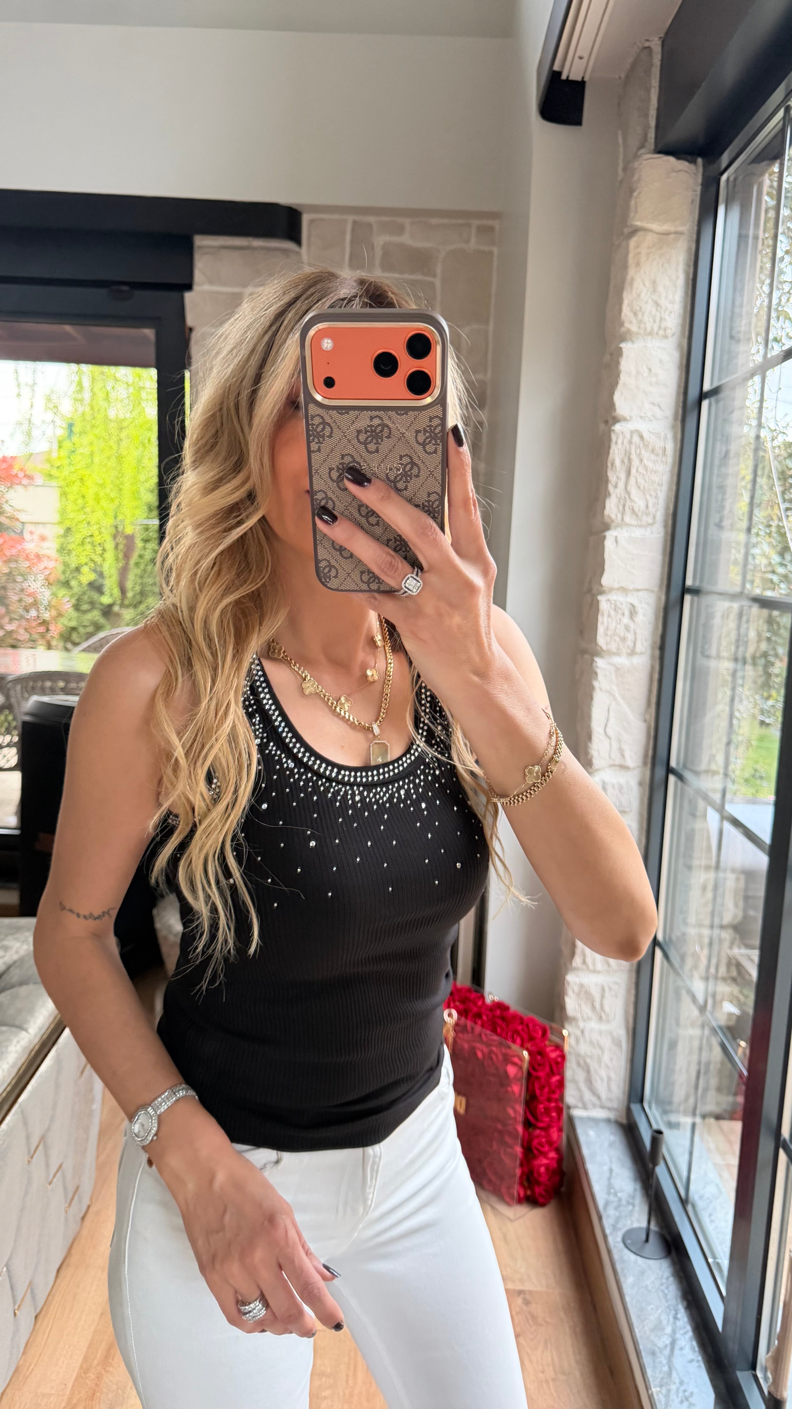 Dağınık Taş Detay Atlet Siyah