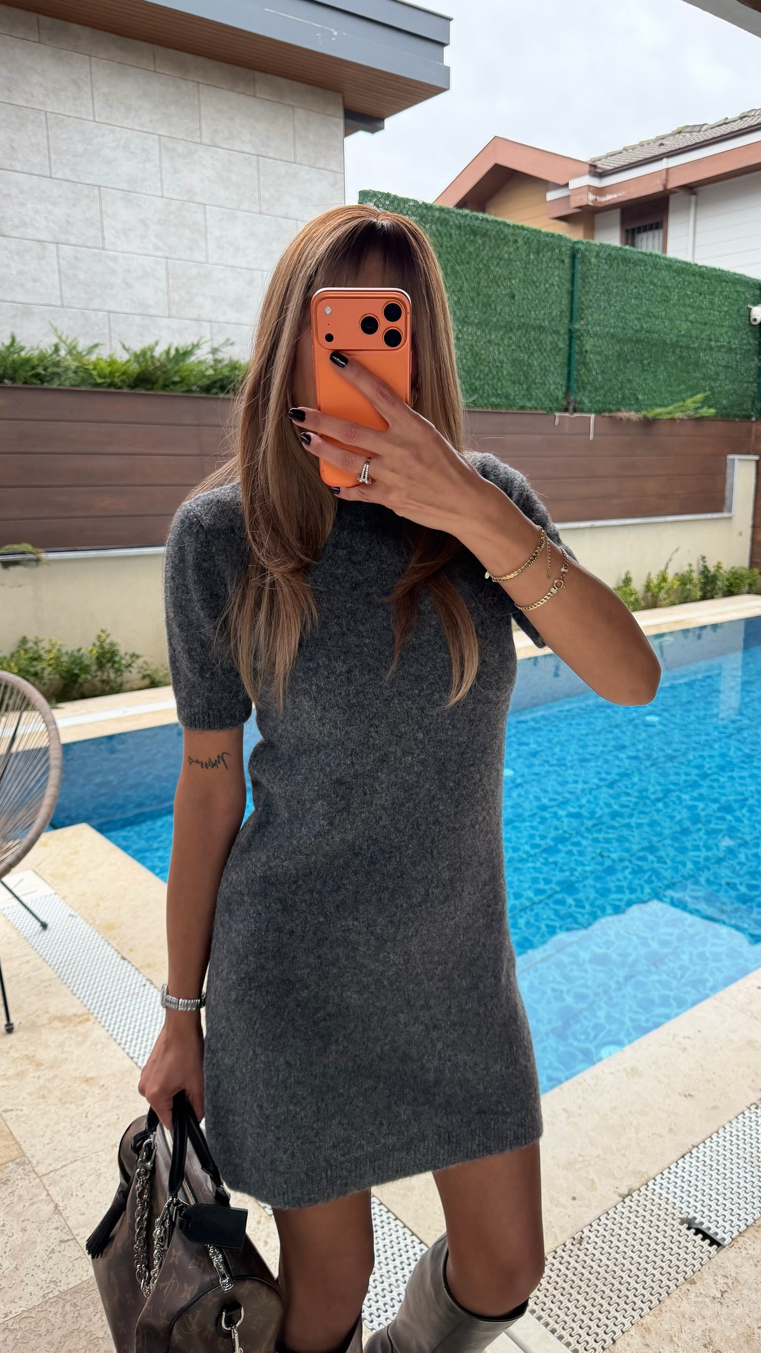 Dilvin Yumoş Triko Elbise Koyu Füme Melanj