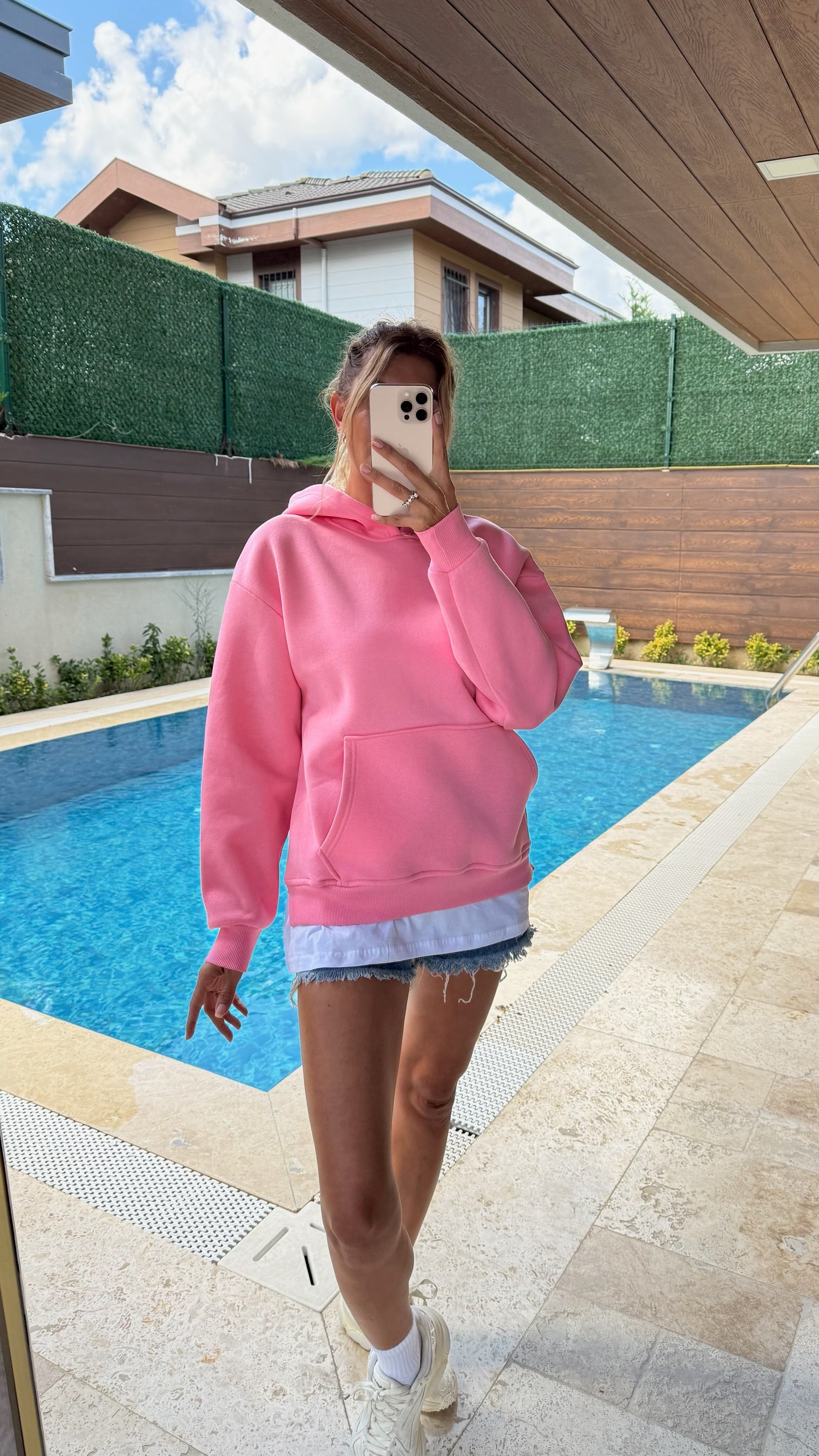 Tişört Detaylı Kapüşonlu Sweatshirt Pembe