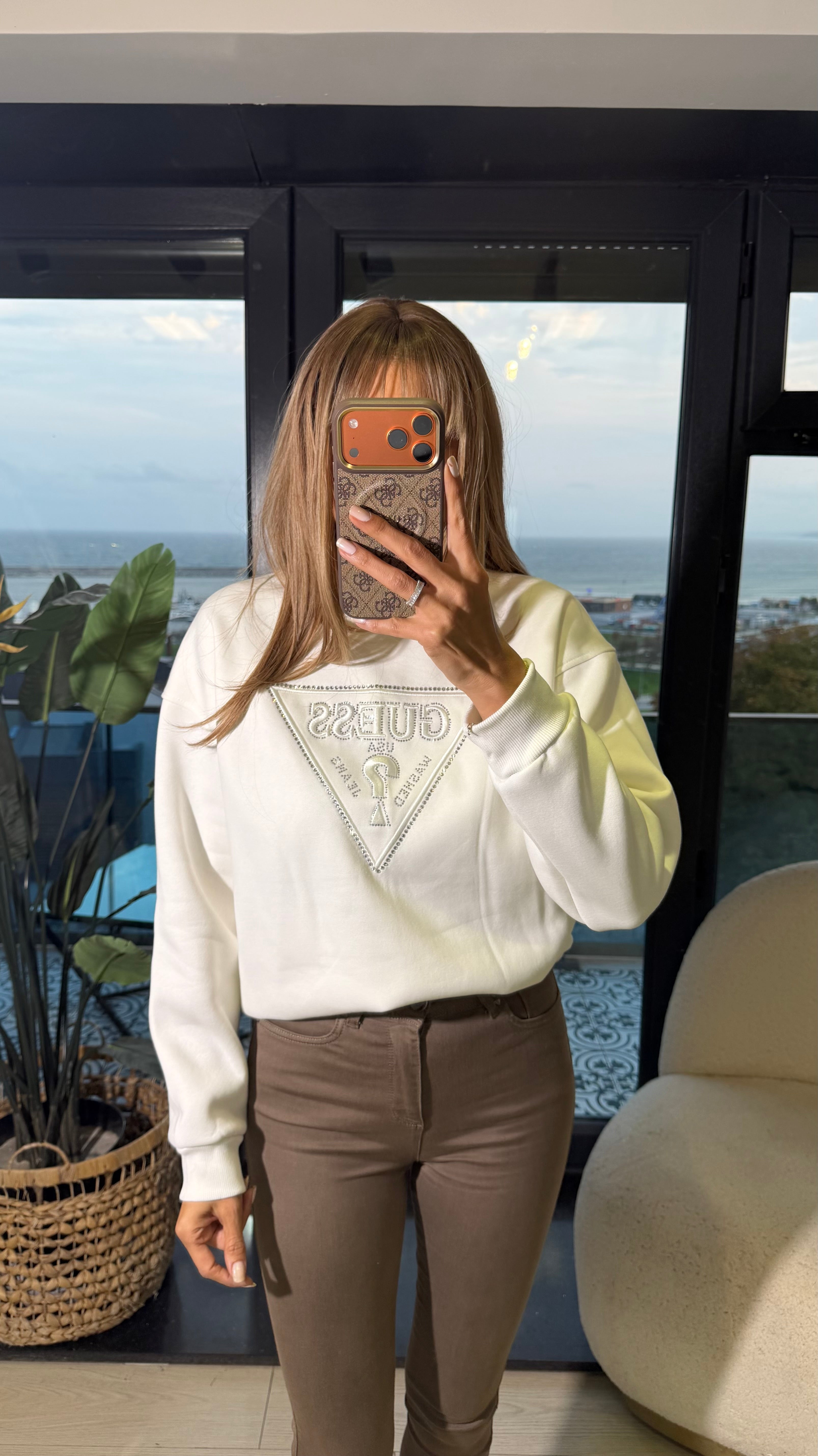 Marka Baskılı Şardonlu Sweatshirt Beyaz