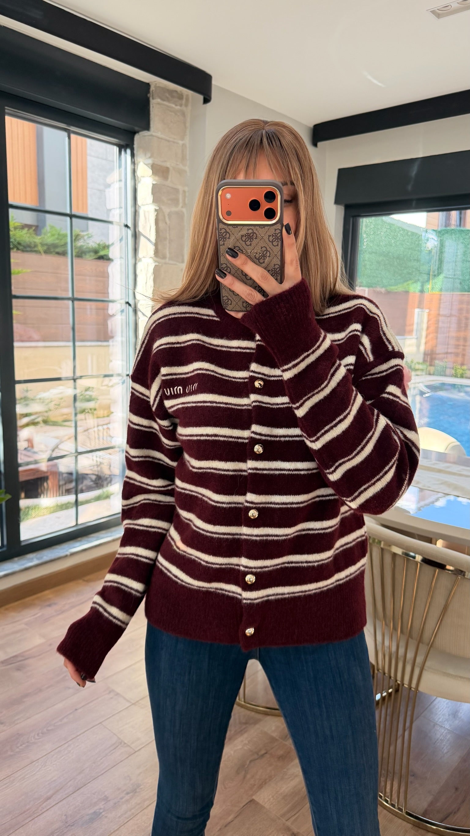 MM Yumoş Gold Düğmeli Şeritli Hırka Bordo