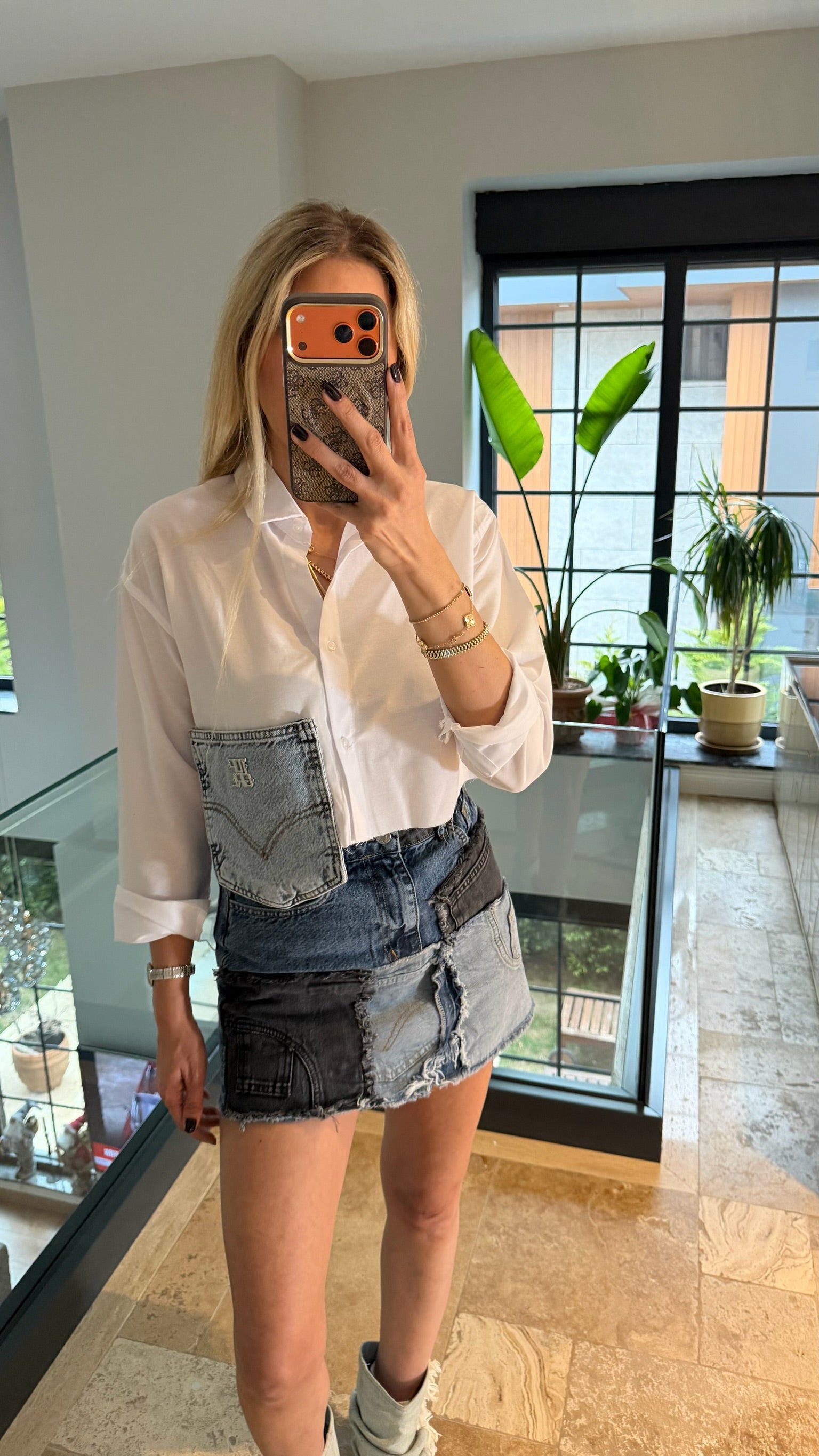 Kot Cep Detaylı Crop Gömlek Beyaz