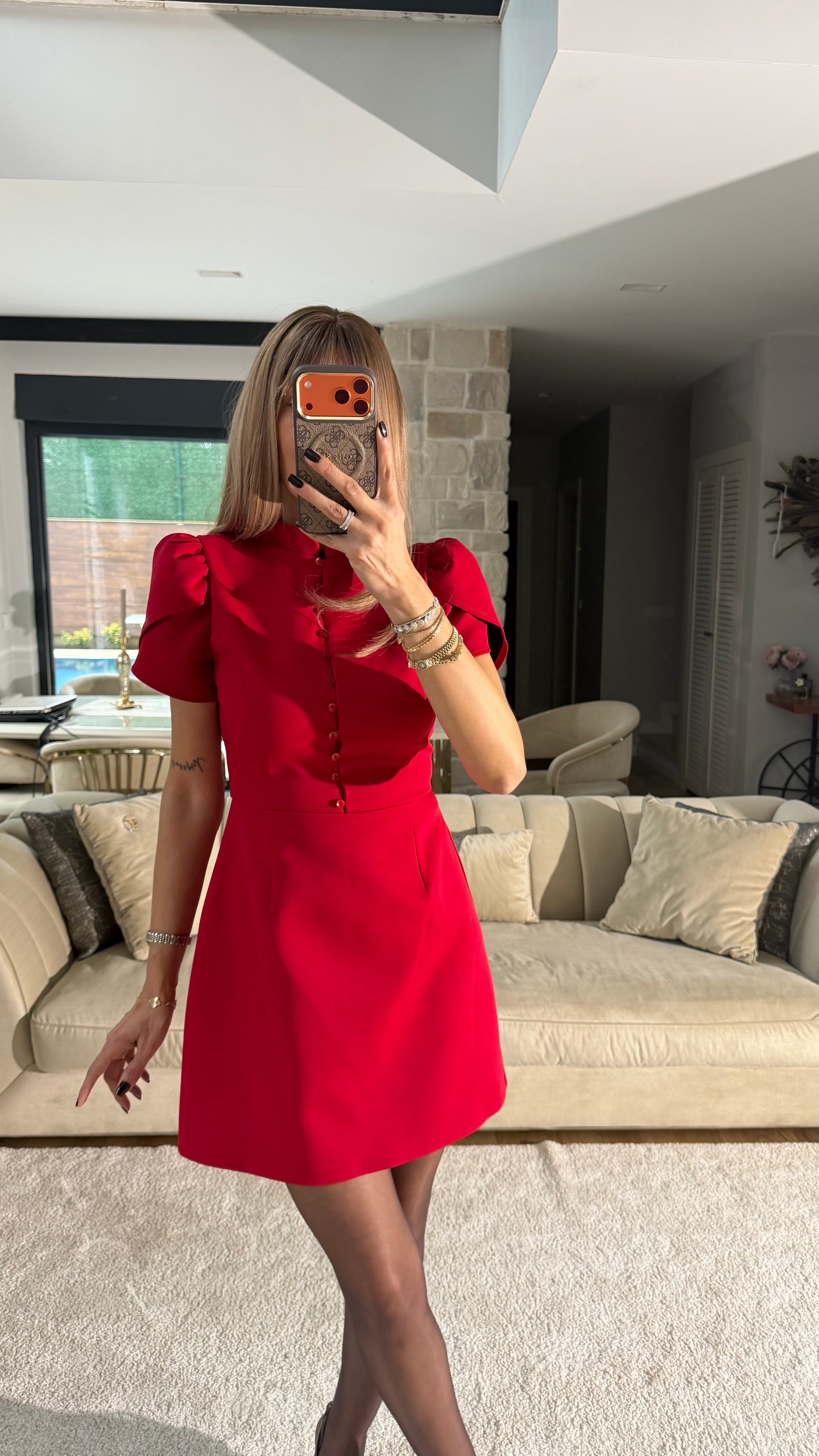 Brit Düğme Detaylı Mini Elbise - Kırmızı