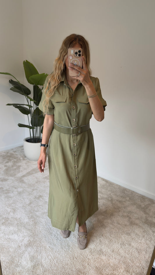 Tencel Kemerli Elbise Yeşil