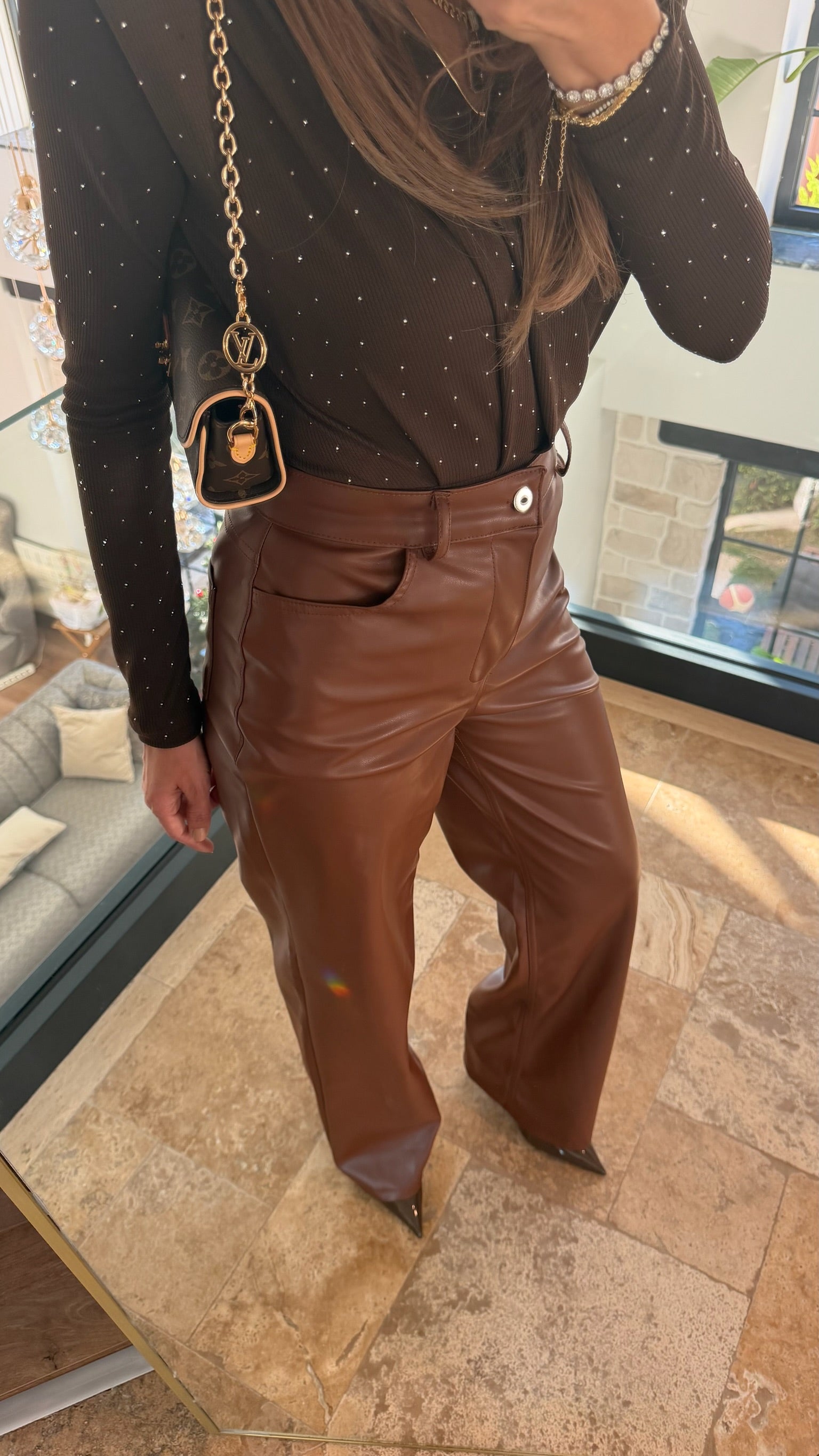 Kahverengi Suni Deri Pantolon