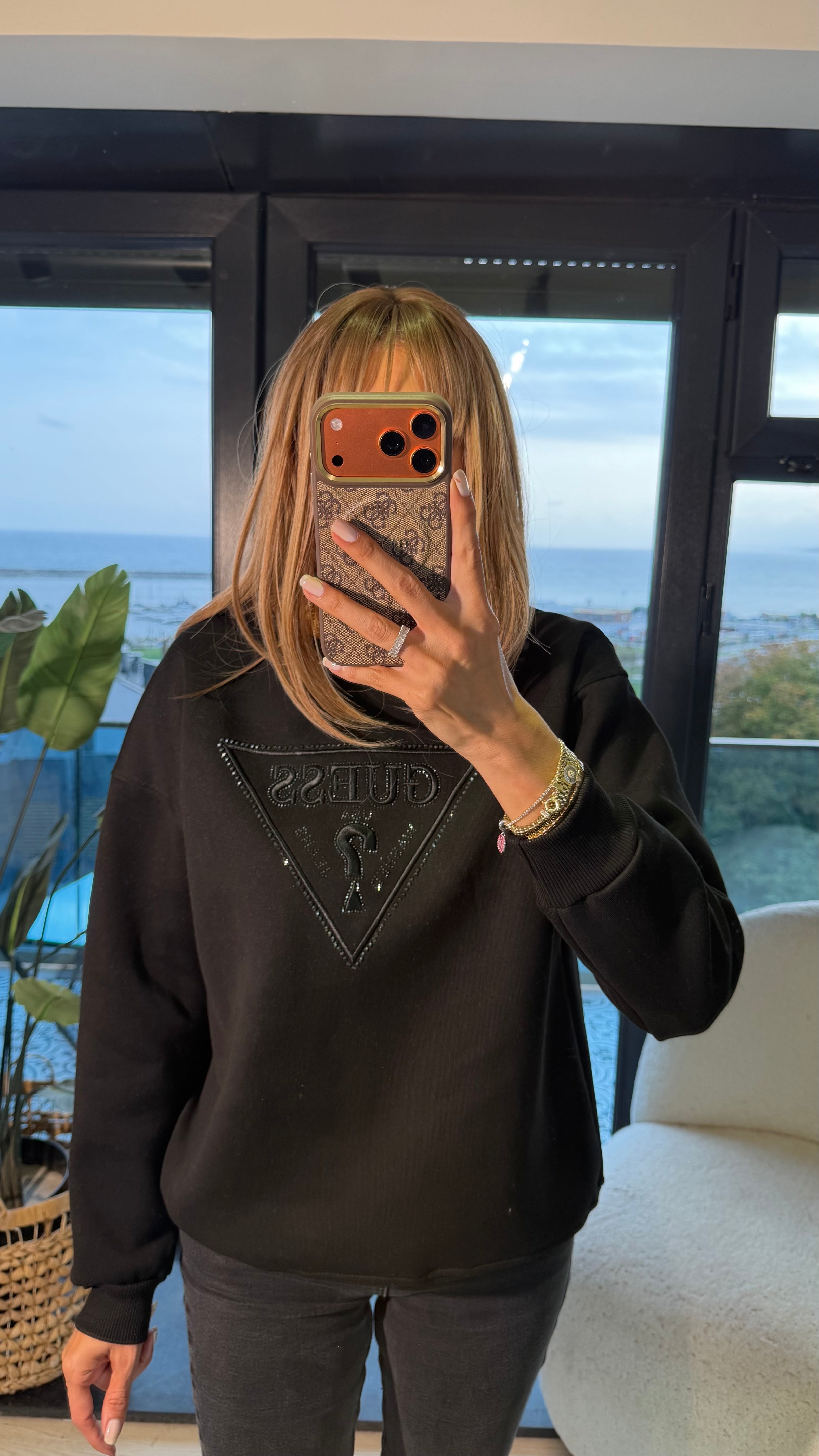 Marka Baskılı Şardonlu Sweatshirt Siyah