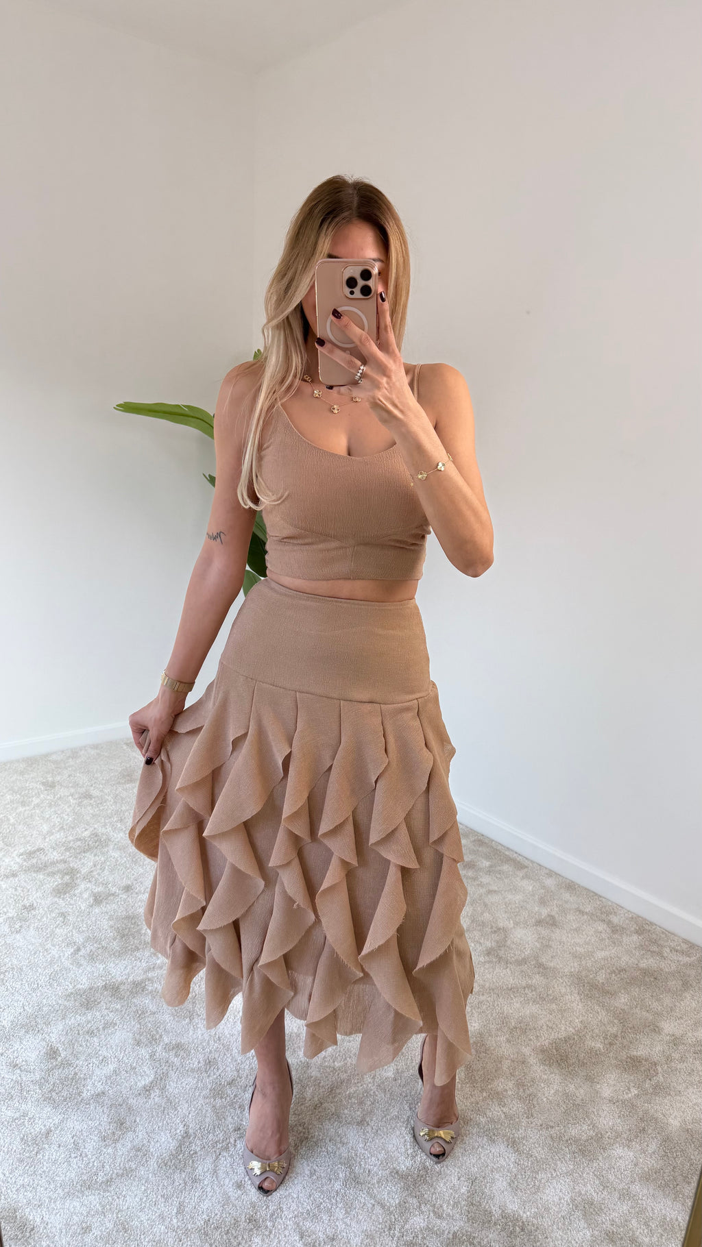Laide Crop Bluz Fırfırlı Etek Takım
