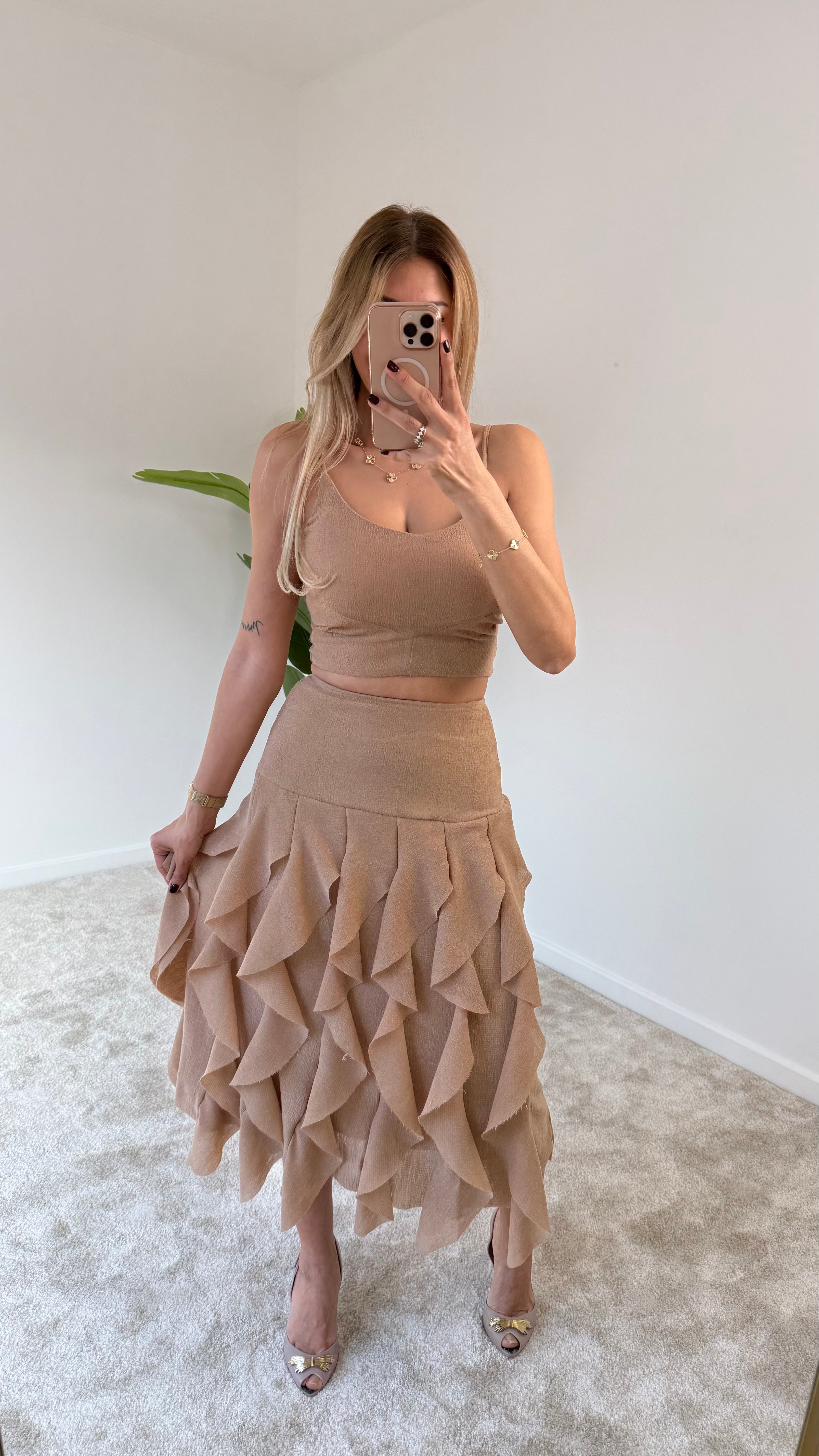 Laide Crop Bluz Fırfırlı Etek Takım