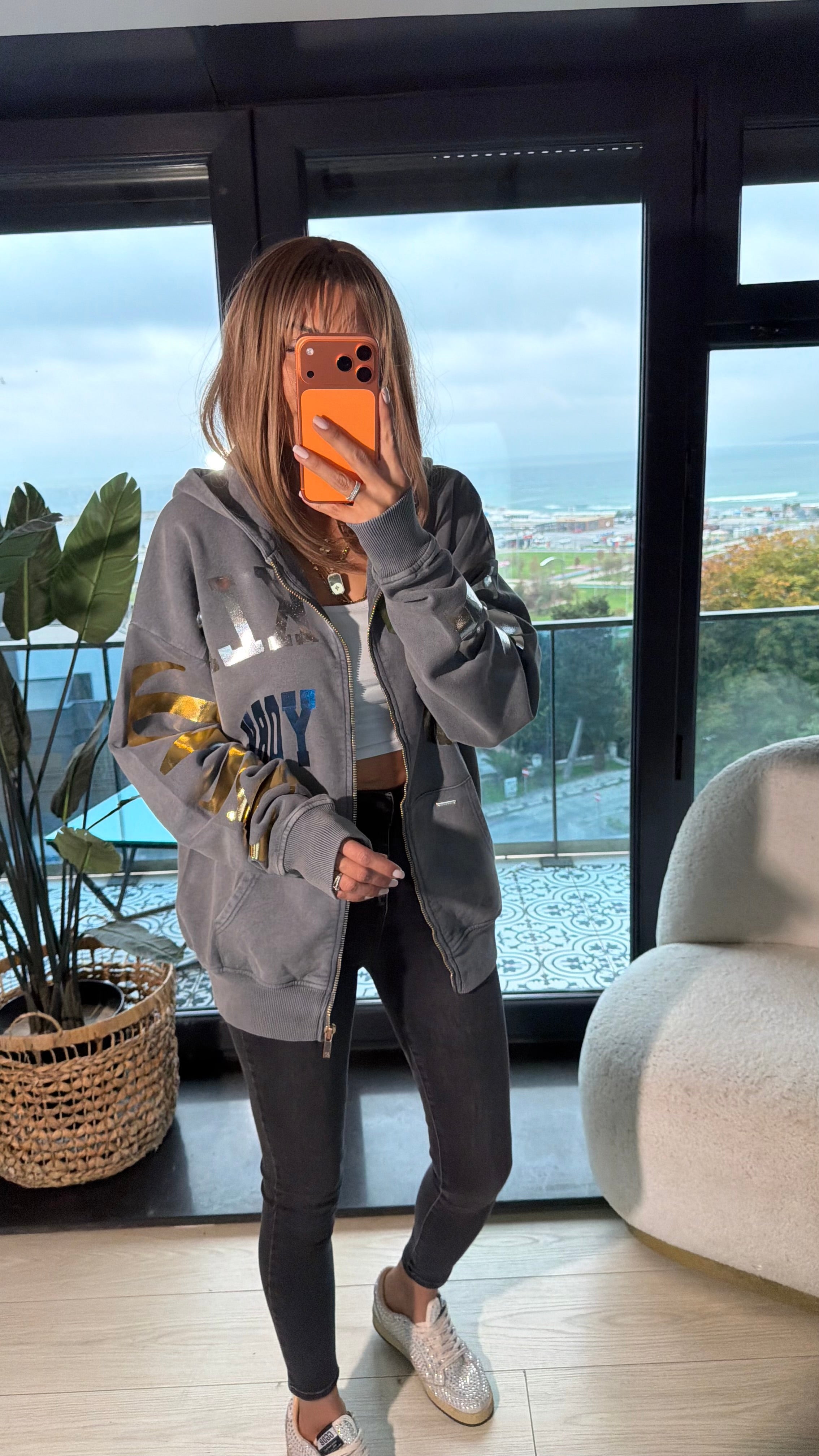 Baskı Detaylı Fermuarlı Kapüşonlu Sweatshirt