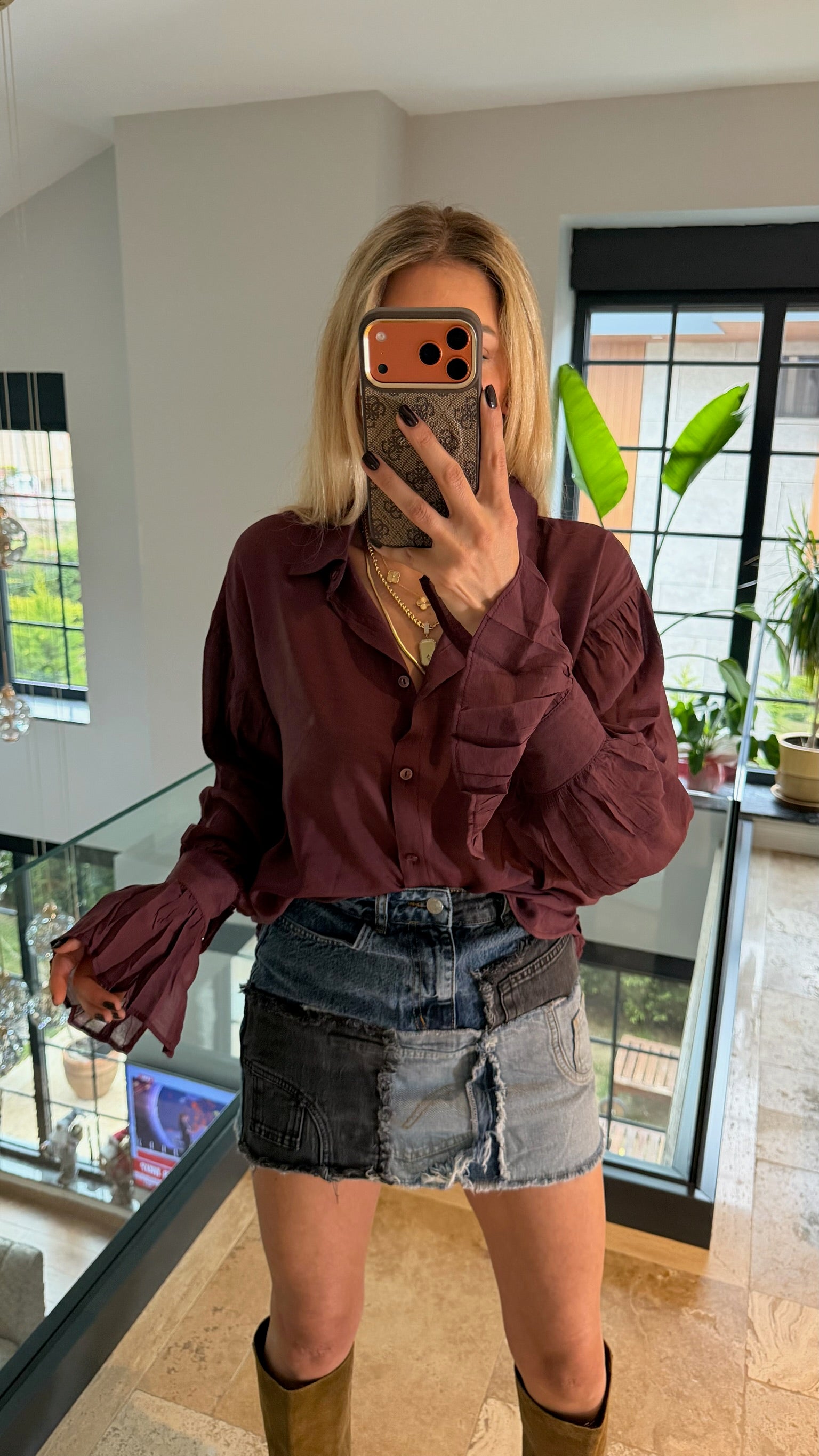 Kol Büzgülü Gömlek Mürdüm Bordo