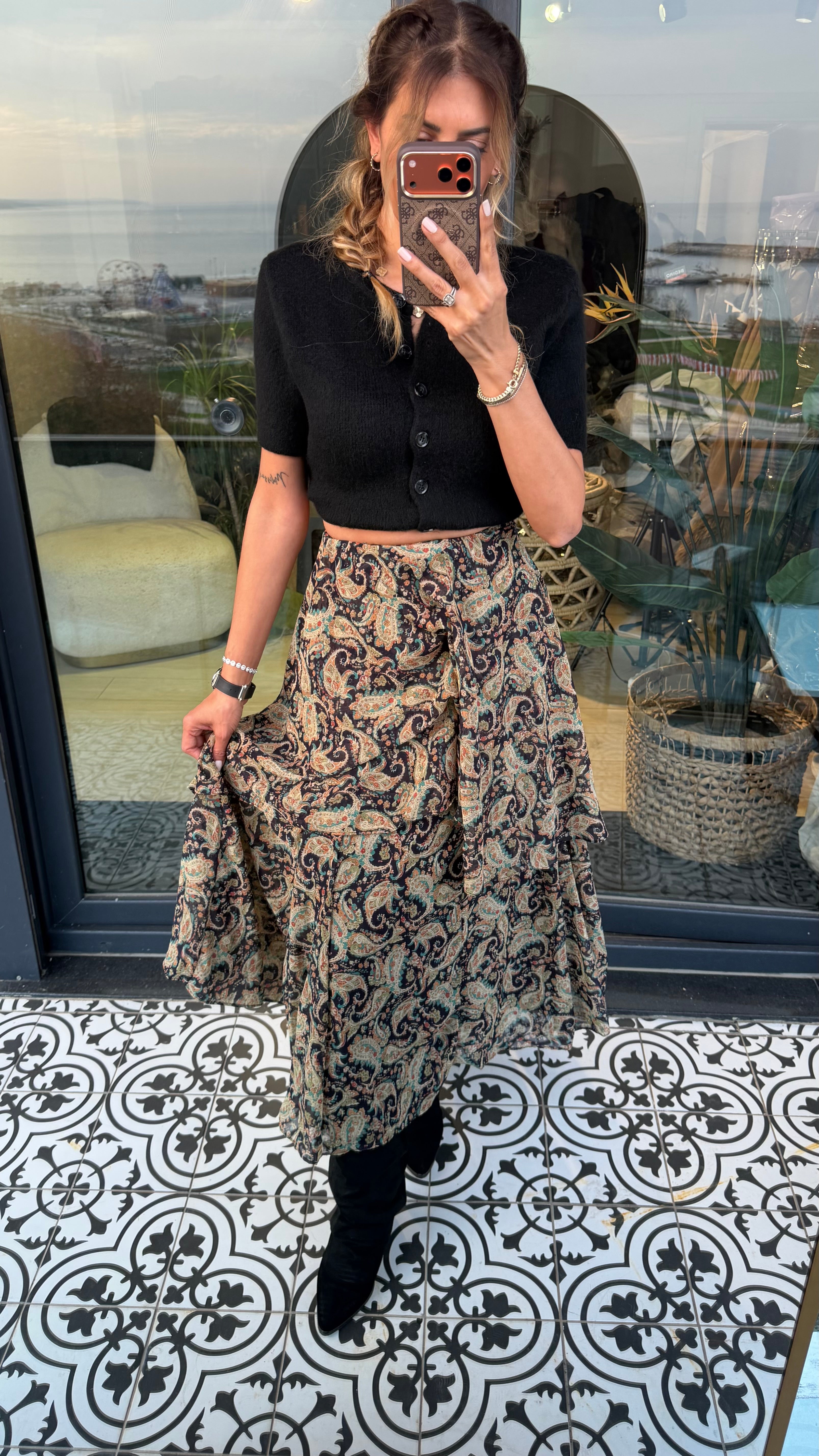 Yırtmaçlı tül detaylı fermuarlı çok renkli etek