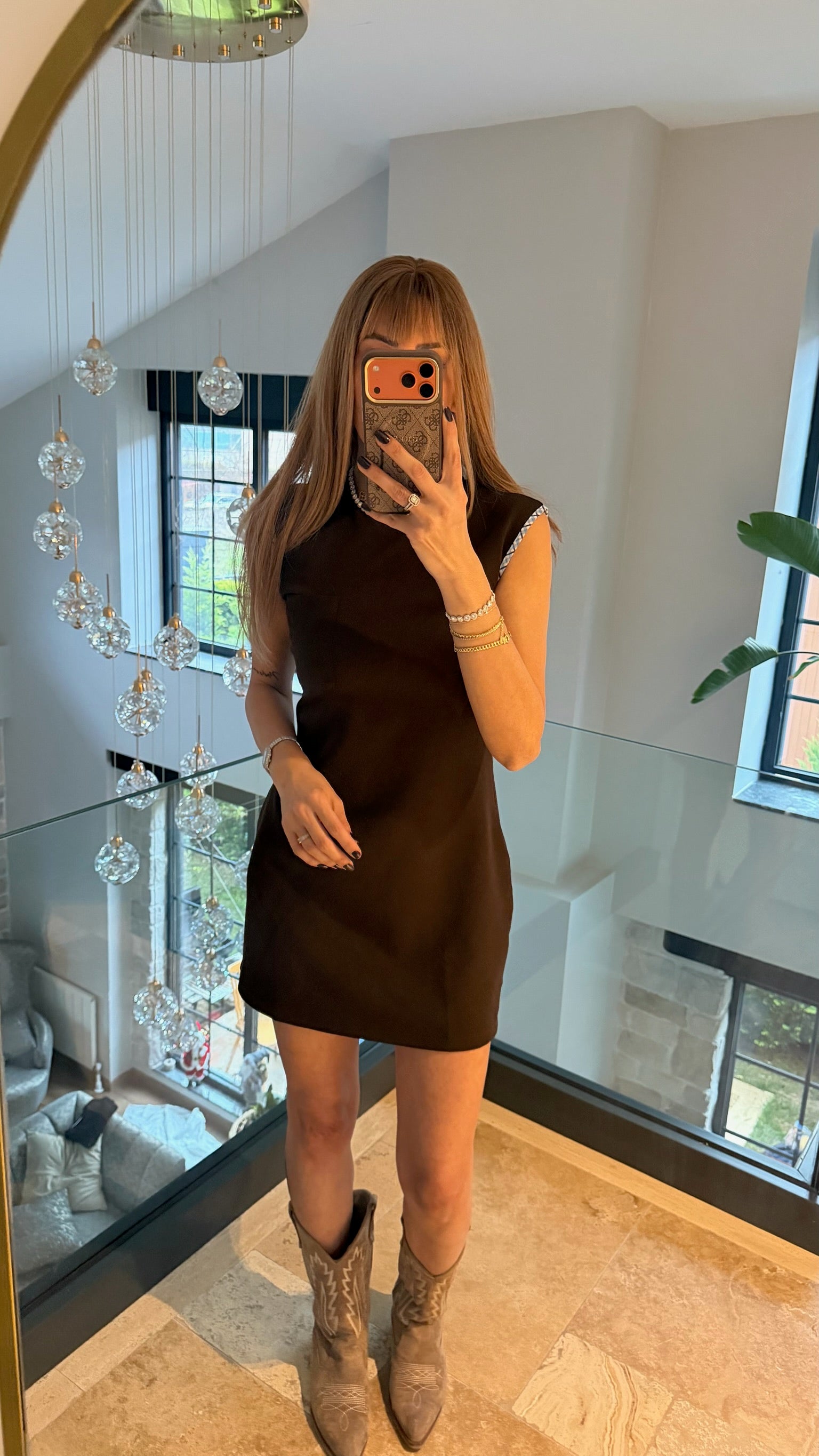 Ekose Yakalık Elbise Ceket Takımı Kahverengi